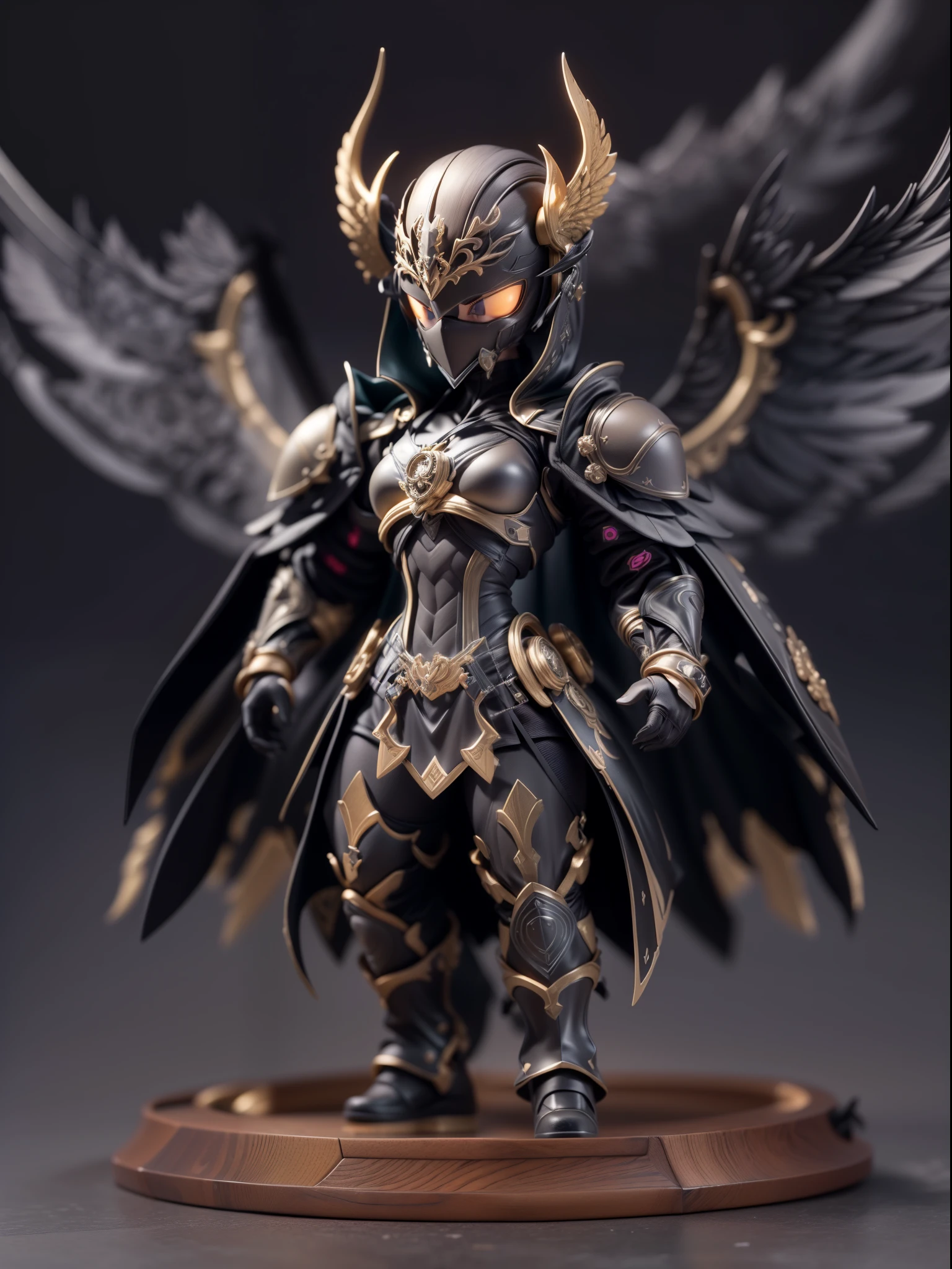 (Blind box toy style:1.2), (Full body shot) , 1 Mechanical Angel ,anatomy correct,Black-gray metal winglack-gray armor, hooding:1.2, Solo,(circular base:1.2), Baroque style, dreamy glow, Clean, Brown undertone, Battle damage style:1.2,Black gold style ( Clean background,Global illumination, Ray traching, hdr, unreal render,reasonable design, high detal, Masterpiece, Best quality, hyper HD, Cinematic lighting)