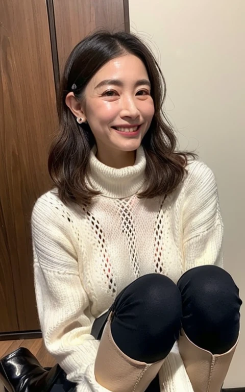 Best Quality, hight resolution, Hires, Skin definition, Detailed skin, Detailed eyes, Detailed face, 4K, 日本人A MILF, ((独奏)), (((90 years old))), (Wrinkles at the corners of the eyes:1.7), (nasolabial folds:1.5), A MILF, glamor, A sexy, Chromo-white skin, ((Wavy Longhair)), Looking at Viewer,(((my skin is old))), ((muscles are old)), (((A slender))), ((Saggy udder)), (Saggy buttocks), ((Japanese Models)), 4K, (photoRealistic:1.5), Realistic, nffsw, Beautiful, Bimbo, Perfect makeup, eye make up:1.5, small diamond necklace, piercings, ((Brown coat, White turtleneck sweater, sleeveless, Argyle pattern pleated skirt, Black long boots )), ssmile, Public places,Full body photo,