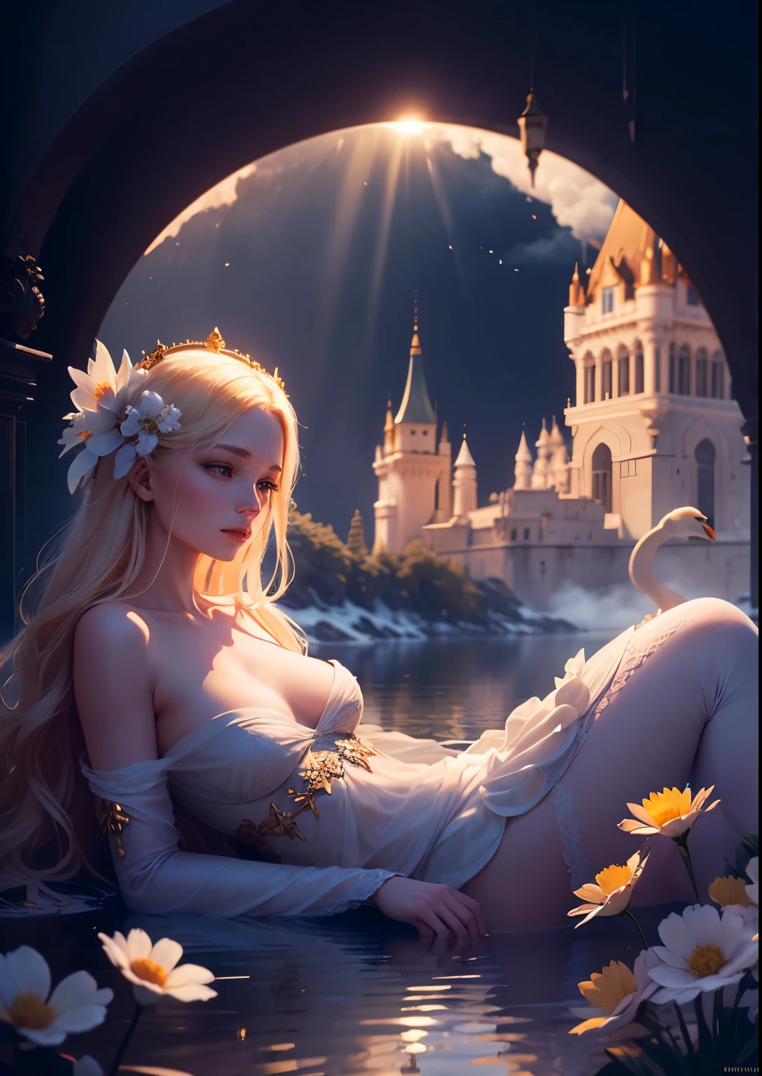 Flowers like castles from a golden spring tower over a beautiful Lady fare, in the spring of eternal youth she bathes her alabaster form to a symphony of trumpeter swans that play in the sunbeam sky of assure and cotton cloud A extreme 90 meters long shot octane render, high quality hyperdetailed 24k photorealistic