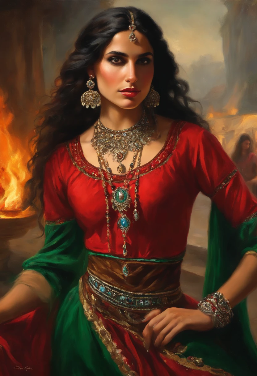 Baroque style painting of a young gypsy dancer with necklaces, earrings and bracelets, beautiful and strong young woman, red robes with full skirts in the style of the Victorian Era, green panther eyes, long straight, silky and black hair falling over her shoulders, ((dancing near a fire in a gypsy camp)).