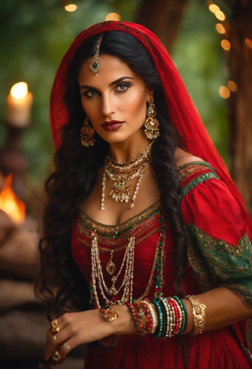 Baroque style painting of a young gypsy dancer with necklaces, earrings and bracelets, beautiful and strong young woman, red robes with full skirts in the style of the Victorian Era, green panther eyes, long straight, silky and black hair falling over her shoulders, ((dancing near a fire in a gypsy camp)).