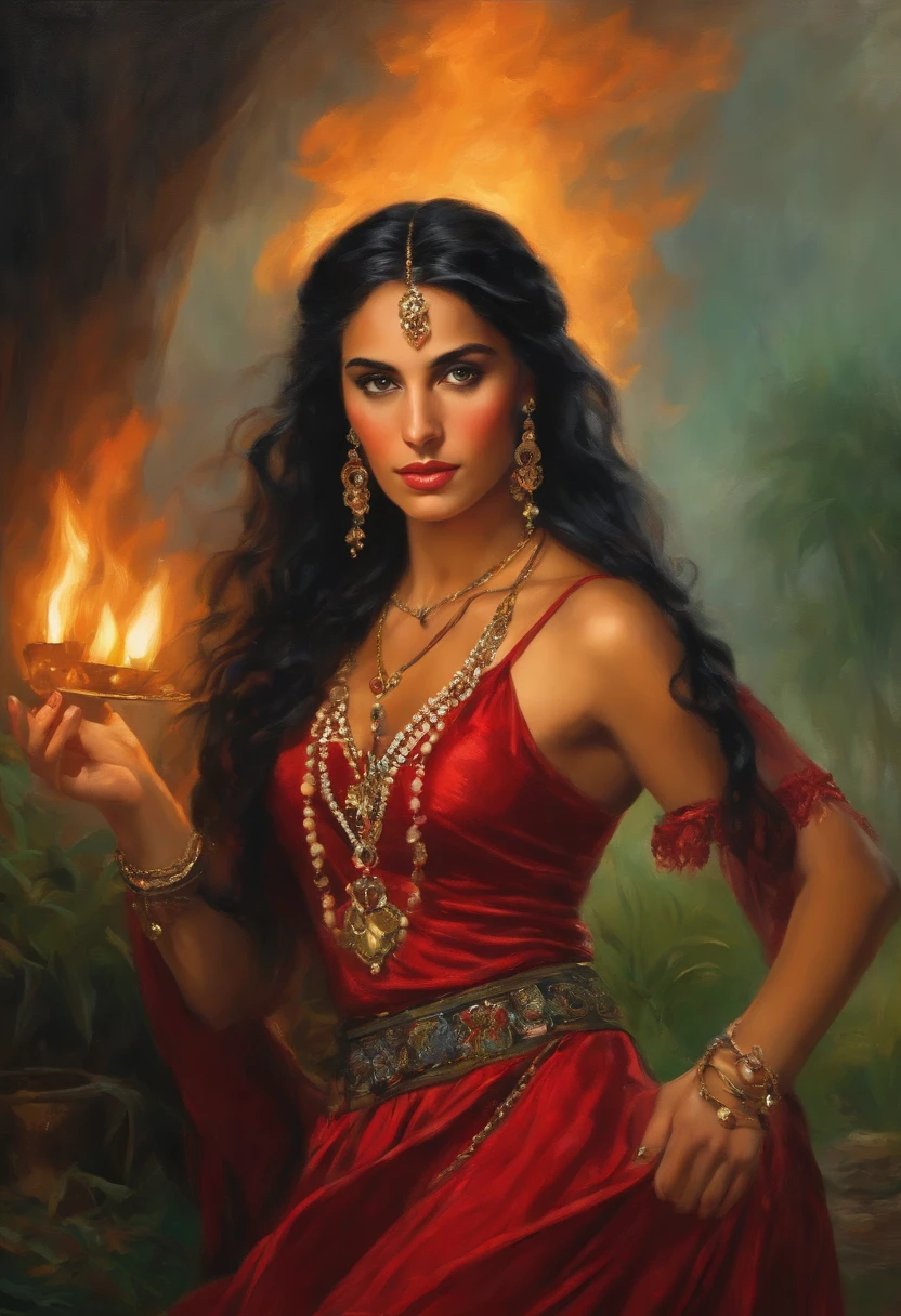 Baroque style painting of a young gypsy dancer with necklaces, earrings and bracelets, beautiful and strong young woman, red robes with full skirts in the style of the Victorian Era, green panther eyes, long straight, silky and black hair falling over her shoulders, ((dancing near a fire in a gypsy camp)).