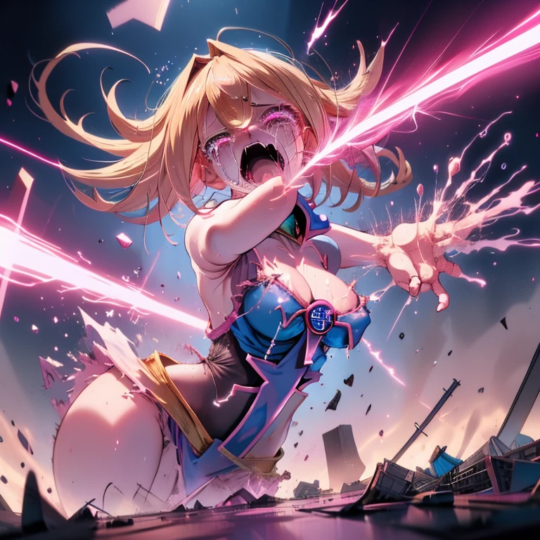 solo, exposed white underwear, torn clothes, tottering, Yu-Gi-Oh!,dark magician girl,big breasts,leotard,cute Face, blonde hair, opened eyes, rolling eyes, (sobbing:1.2) :o, look another, moaning, headback BREAK beam,damaged,destruction,pink beam,shattered pink beam, injury, damaged, dirty