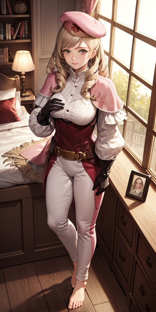 masterpiece, best quality, full body, barefoot, solo, female, big breast, beret, pink capelet, pink tunic, white pants, red gloves gauntlets, upper body looking at viewer, from above, shy blushed, mansion, room, finely decorated room, pink theme, big breast but cover, hands to hip