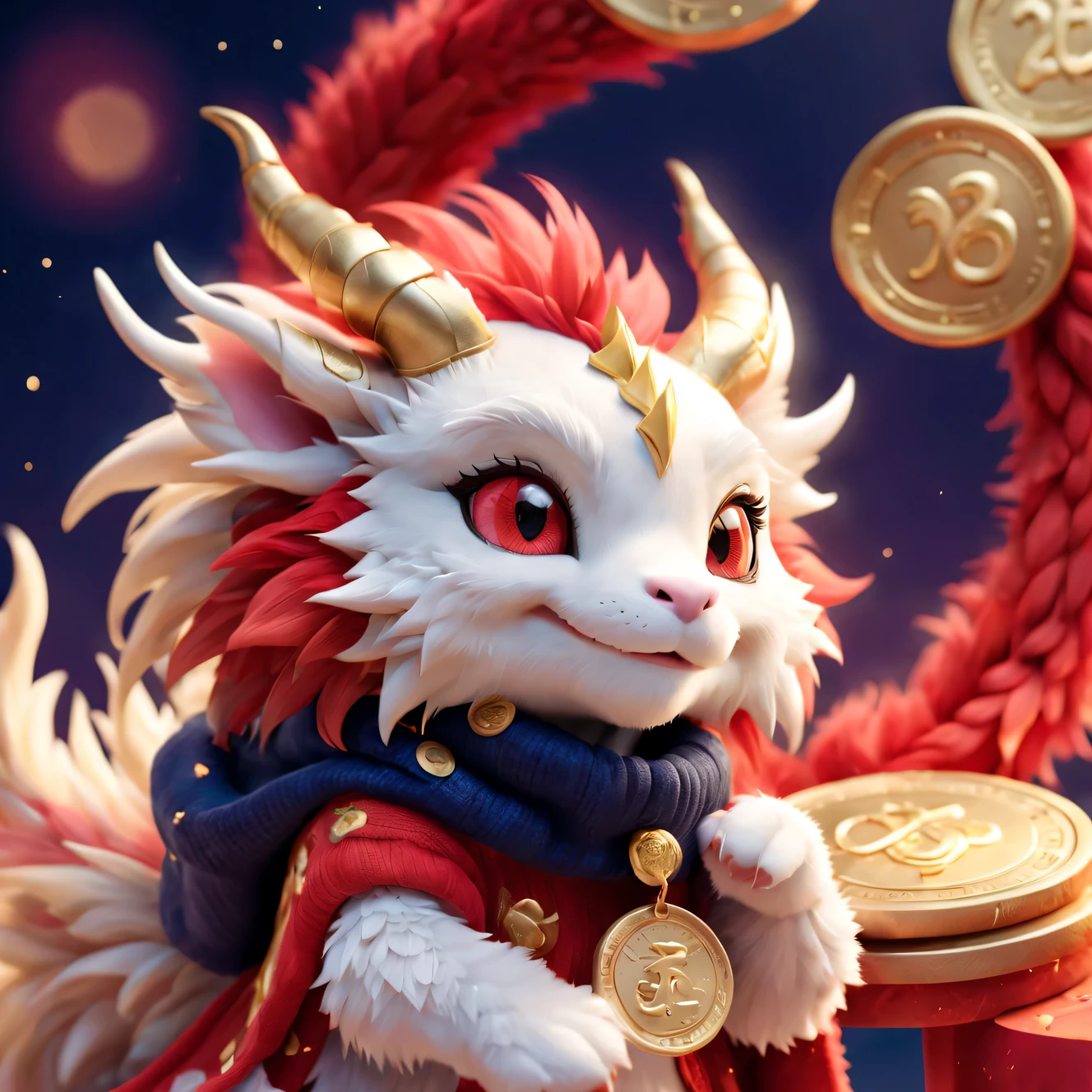 （Close up of cute furry smiling zodiac dragon bowing），Plush toy design，Ethereal，，Babiko，Gorgeous stylish winter fashion sweaters and scarves，With dark navy blue and fiery red background, 2024 new year elements, Gold coins flying, Cute 3d rendering, Cute and detailed digital art, slight feeling, stylized 3d render, 8K， 3D character art rendering, lovely digital painting, Anime style 3D, Ultra-detailed rendering, hyper HD, tmasterpiece, Acura, ctextured skin, super detailing, high detal, high high quality, Award-Awarded, Best quality at best, A high resolution, 16k,