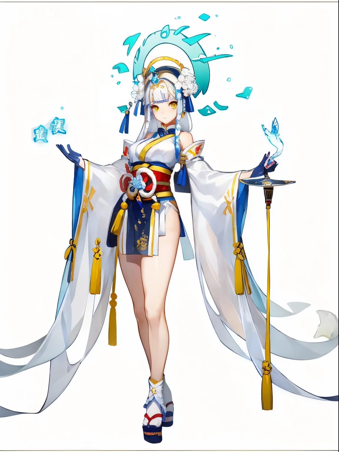 (1 girl), (独奏), Full body standing painting, Clear facial features, (white color hair,snowflower, and snow,snowflower发饰,He held a large sword in his hand), golden colored,white clothes, Circuit design, (( Ukiyo-style, character design)), Zephyr elements, onmyoji detailed art, Standing figure of the figure), tmasterpiece,quality,最好的quality,超高分辨率, ((Clear facial features, pretty face, exquisite facial features))