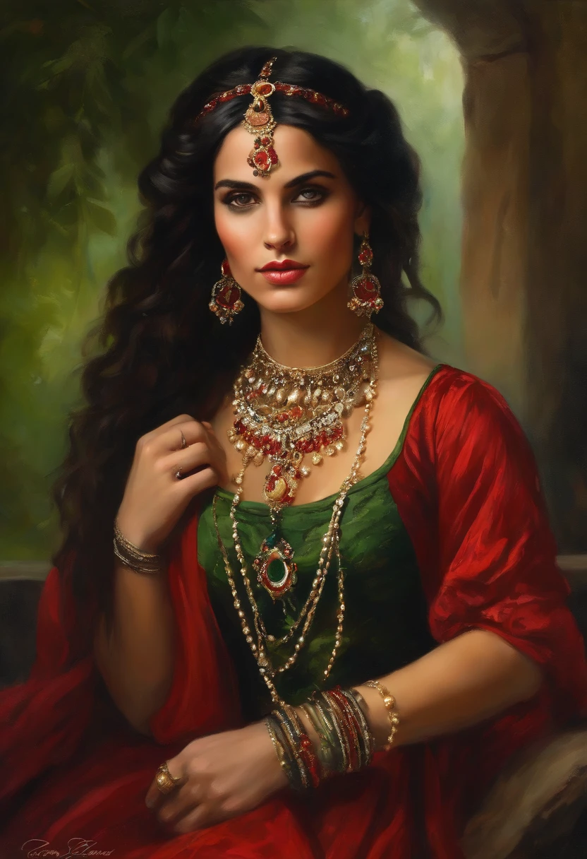 Baroque style painting of a young gypsy dancer with necklaces, earrings and bracelets, beautiful and strong young woman, red robes with full skirts in the style of the Victorian Era, green panther eyes, long straight, silky and black hair falling over her shoulders, ((dancing near a fire in a gypsy camp)).