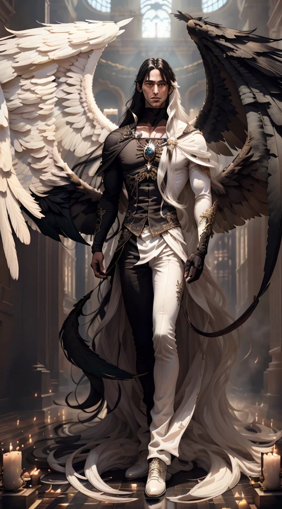 (master-piece:1.3),(bestquality:1.2),10,Absurd,Unity wallpaper 10,(Very detailed:1.3),highest, (1 man,handsome), ((Separate theme,Merge)), (Long straight hair,long and handsome), Heterochromia, (White Hair,Black Hair), (angel,Demons), (White wings,black wings)