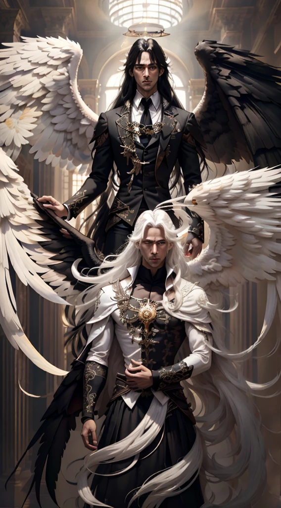 (master-piece:1.3),(bestquality:1.2),10,Absurd,Unity wallpaper 10,(Very detailed:1.3),highest, (1 man,handsome), ((Separate theme,Merge)), (Long straight hair,long and handsome), Heterochromia, (White Hair,Black Hair), (angel,Demons), (White wings,black wings)