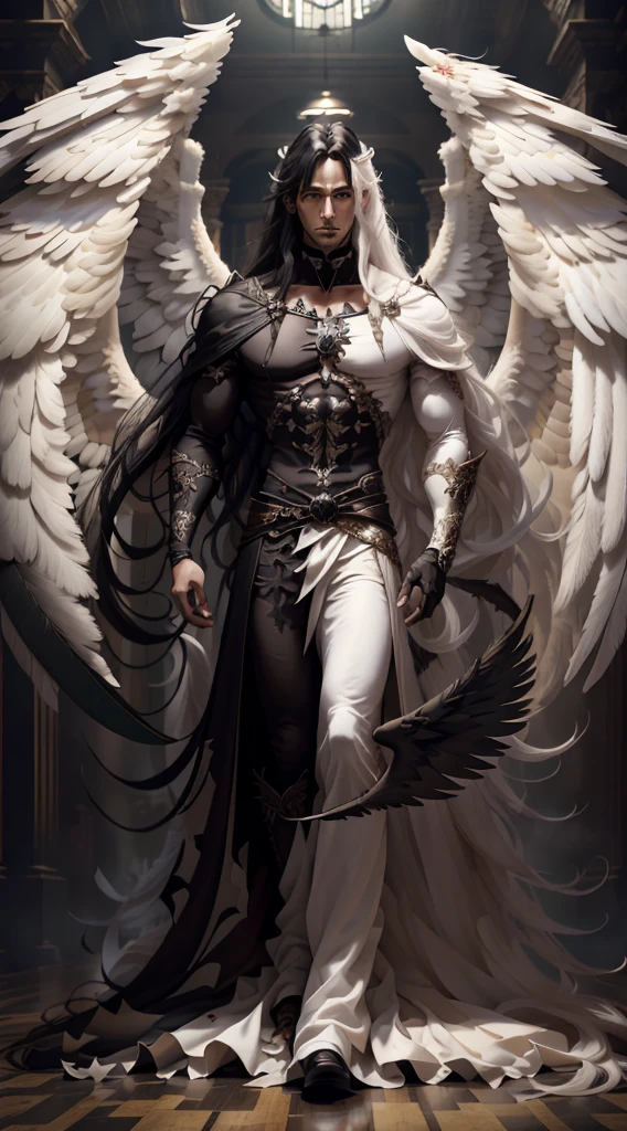 (master-piece:1.3),(bestquality:1.2),10,Absurd,Unity wallpaper 10,(Very detailed:1.3),highest, (1 man,handsome), ((Separate theme,Merge)), (Long straight hair,long and handsome), Heterochromia, (White Hair,Black Hair), (angel,Demons), (White wings,black wings)