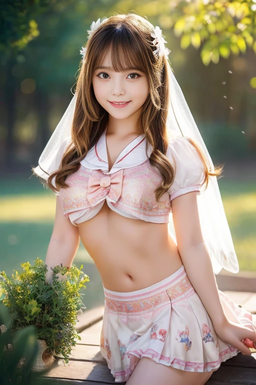 Angel, 10 year old girl、1 girl、Beautiful detailed eyes, Beautiful detailed lips, long eyelashes, up style short hair、Golden hair、hair with ornaments, innocent and pure expression, Delicate features, ((Cheergirl Uniforms、Glittering uniform、、(camisole:1.5)、well-shaped breasts、I can see the cleavage))、 atmosphere of happiness、 rays of light shining on her, Heavenly atmosphere, Oil painting style, High quality, Vibrant colors, dreamy lighting、A smile、(huge tit:1.5)