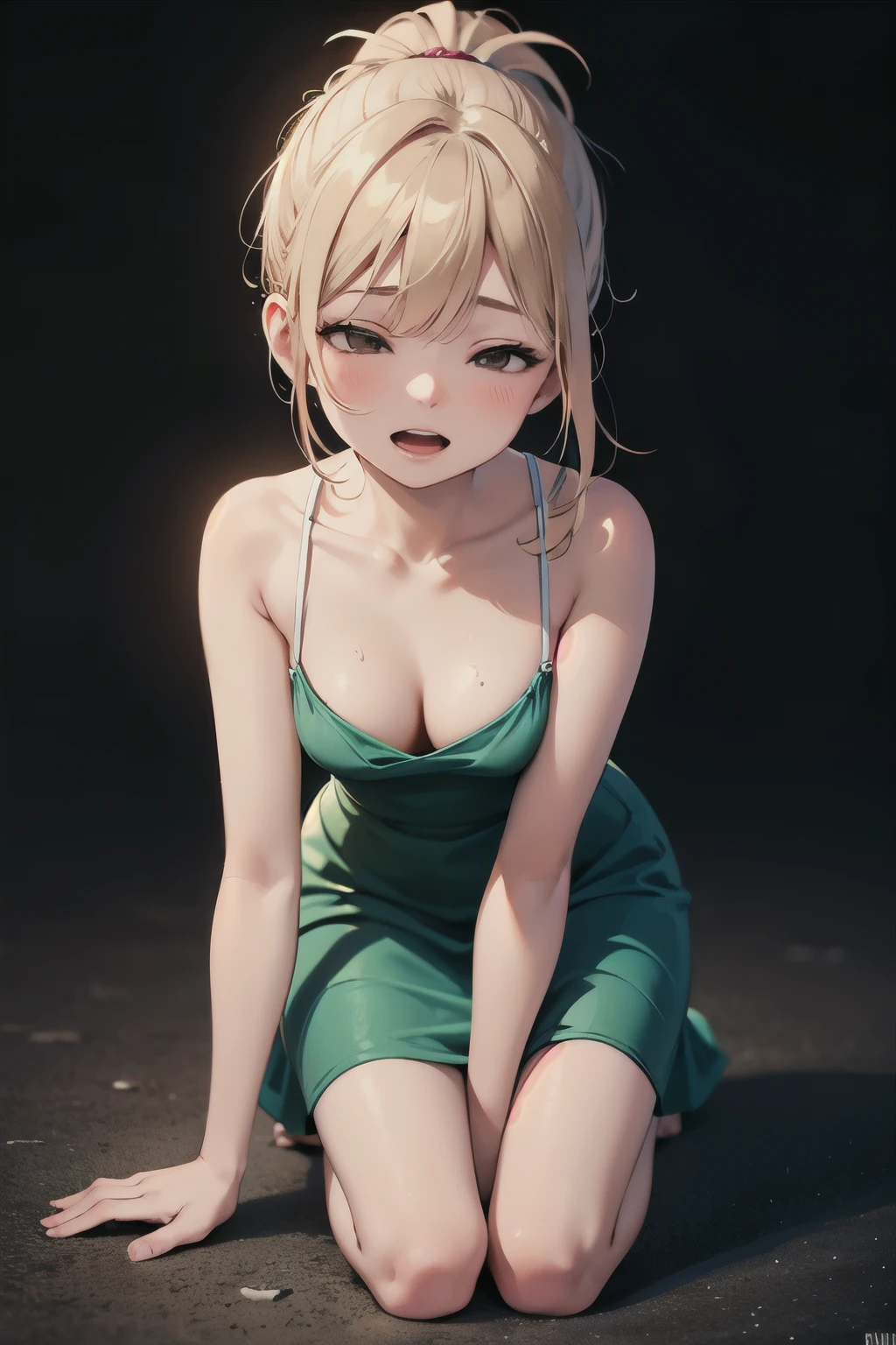 ((best quality)), ((masterpiece)), (detailed), perfect face, ponytail blond girl kneeling, view from pOV perspective, normal breasts, half naked on top, green dress, open mouth, closed eyes, hands and knees on ground, dark background, sexy face, porn face, brown eyes