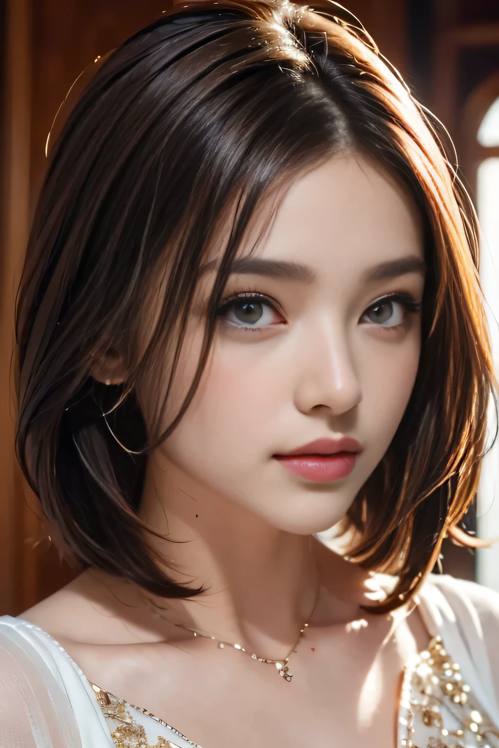 ((Ultimate Beauty))、Mature、Beautiful facial featureig eyes:1.3), Detailed lips, inely detailed beautiful eyes, Double eyelids, long eyeslashes、(Choppy), (Curve), Parted lips, Beautiful teeth alignment, red blush, a captivating gaze、Seductive smile, short brunette bob, masutepiece，（Highest Quality，Hyper-detailing，Fine and detailed eyes and detailed face） allure：brunette color hair，Natural makeup，Random color clothes, Round chest，looking at viewert，独奏，Mature，Military Office Background