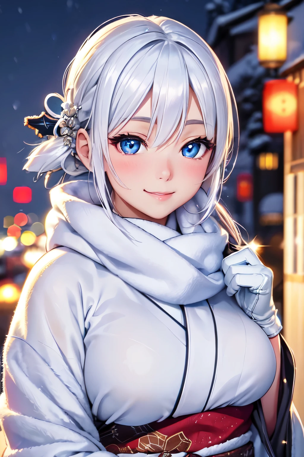 (High quality, High resolution, Fine details), Realistic, Winter Evening, Snowy Landscape, (Winter Kimono), Winter Scarves, Winter Gloves, solo, curvy women, white hair, sparkling eyes, (Detailed eyes:1.2), smile, blush, Oily skin, shallow depth of field