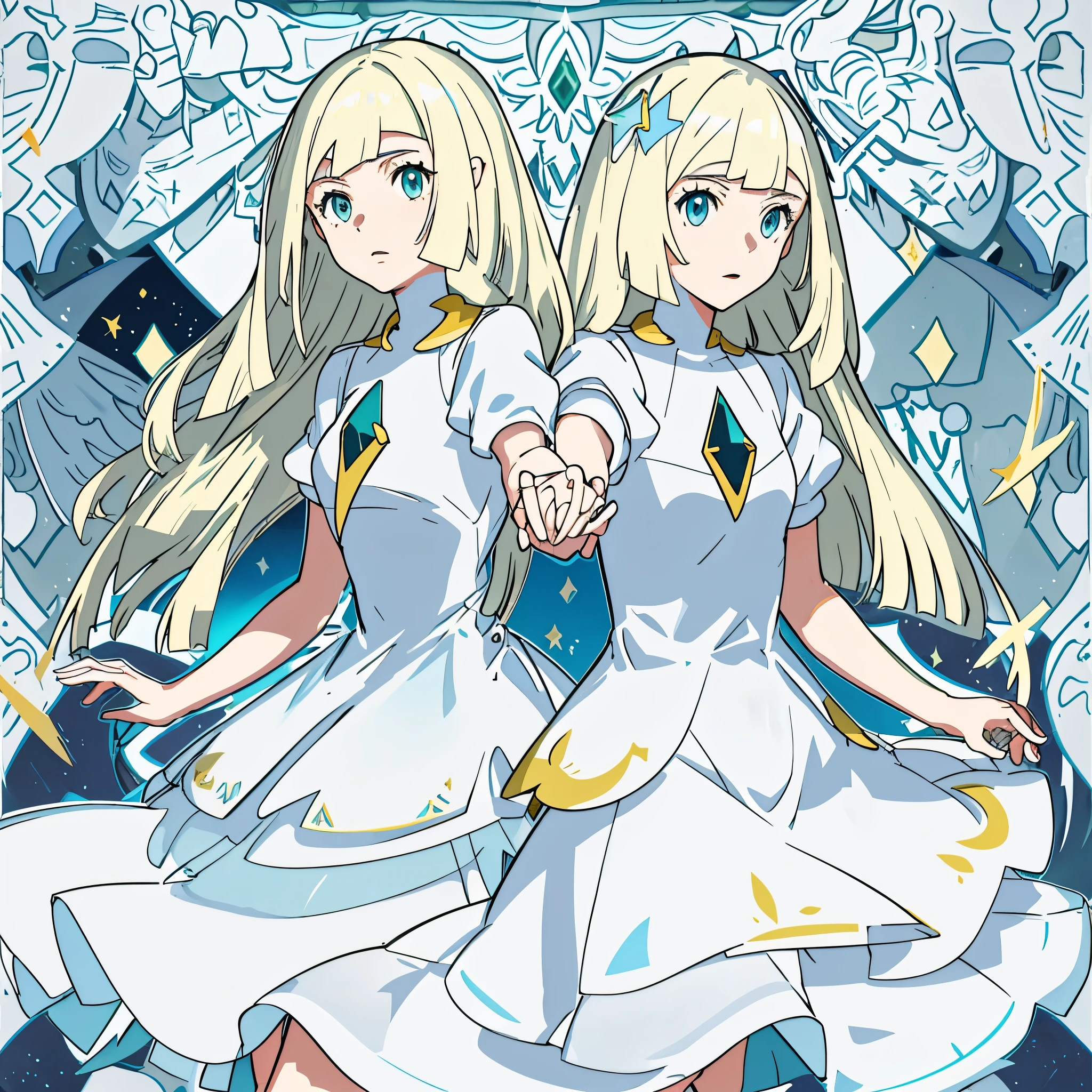 Two girls in long white dresselonde hair and blue eyes holding hands back to back,Lillie & Lusamine