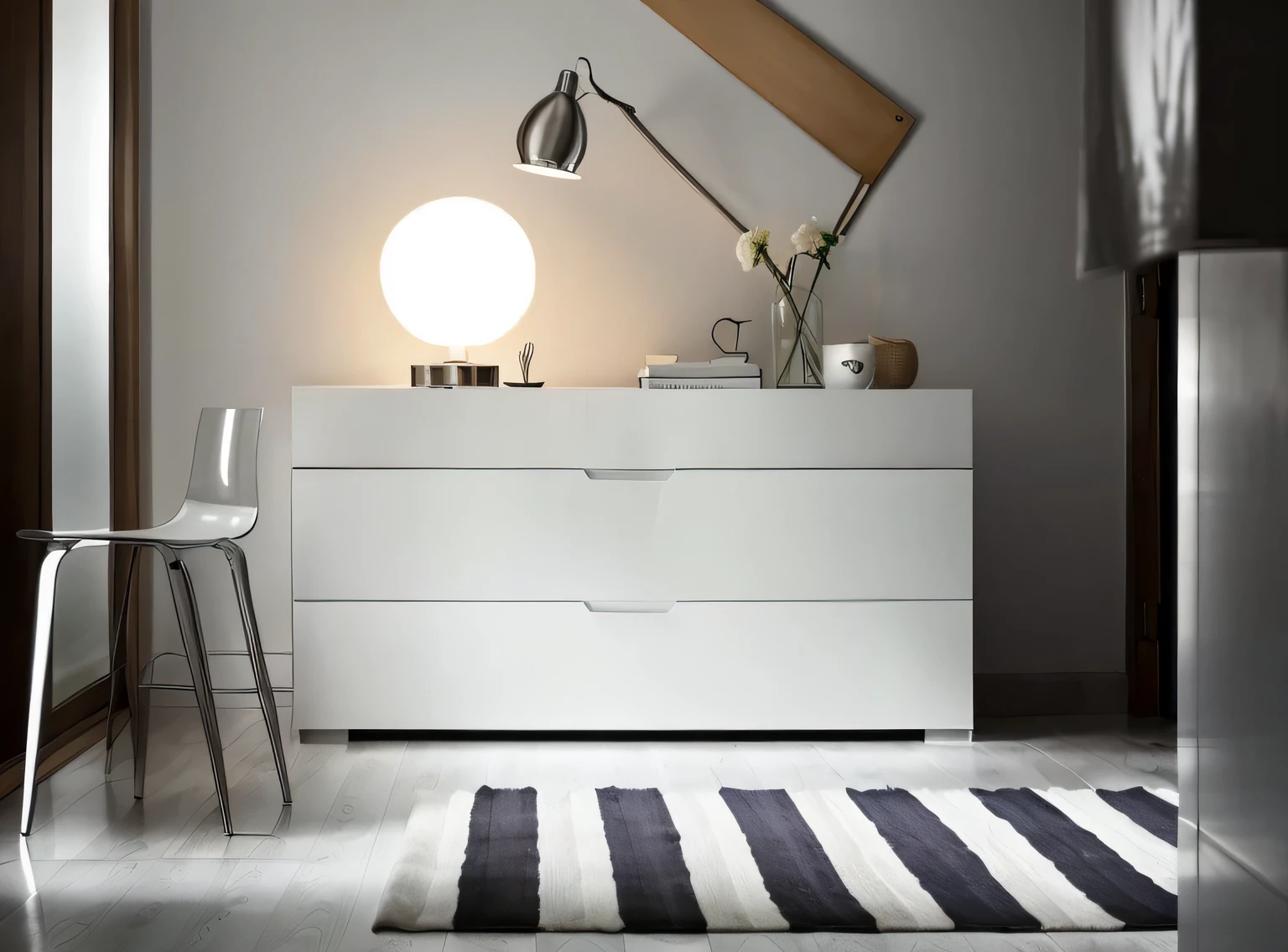There is a white dresser，There is a lamp on it, furniture and decor, designer furniture, Stylish and modern atmosphere, white furniture, morningglow, furniture design, cabinet furniture, The large!!!!!!!!!!!!, Chrome 3, Detailed picture, moody feelings, bright白色, inspiration, The lines are clear and smooth, modern photo, wonderful scene,  furniture, sun light, bright&cite;