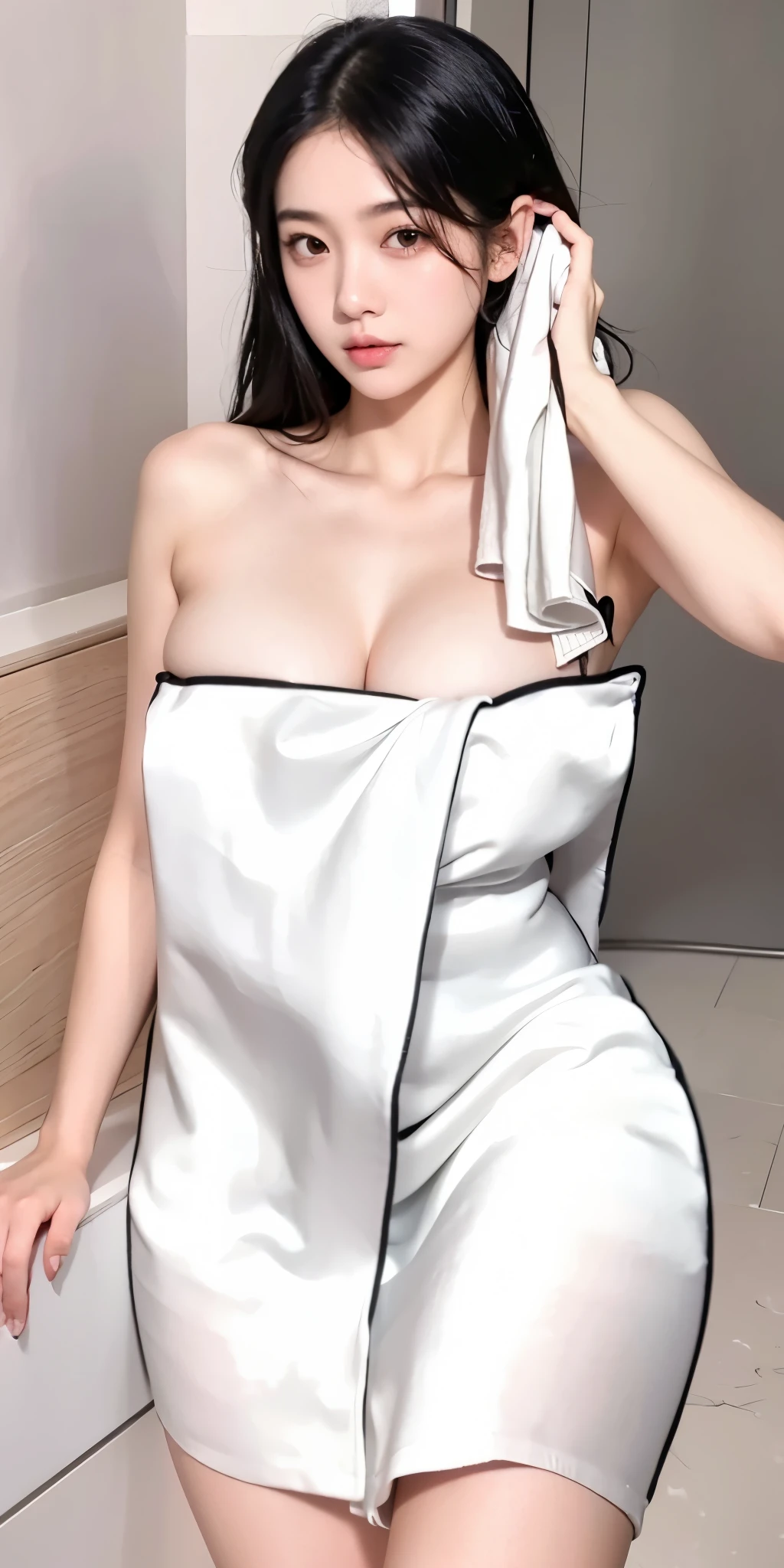 1girl, black hair, black eyes, high quality, ultra detailed, masterpiece, realistic, towel