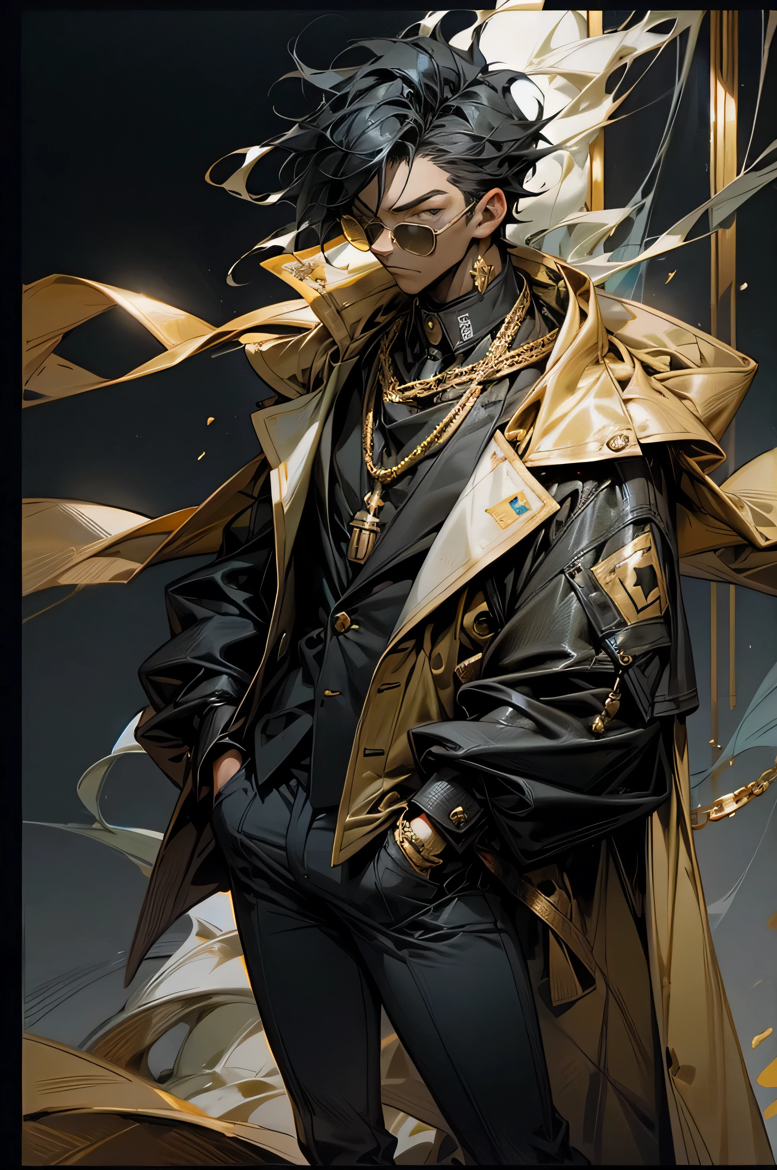 18 years old boy,black color hair,gold frame sunglasses,smokes,He wears a gold chain around his neck,buisness suit,Put your hands in your pockets