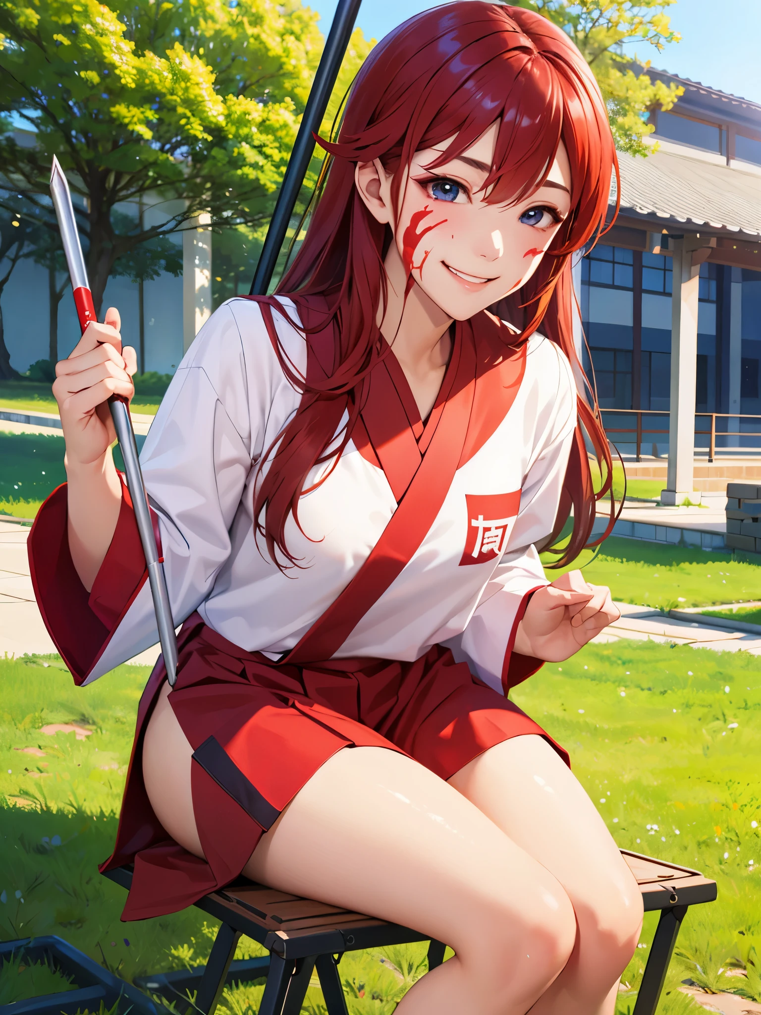 1 girl,((校服)), Be red in the face,light  smile, sitted,Outdoor activities,