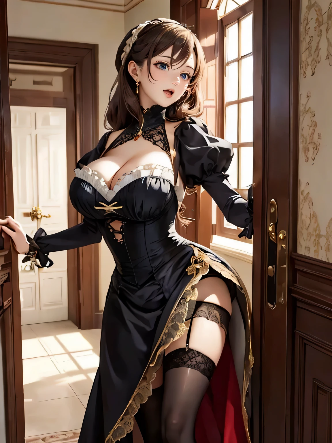 aristocratic woman, drooping eyes, realistic skin, huge house corridor, thigh-high stockings, long dress, (invitation excitement with her panties),