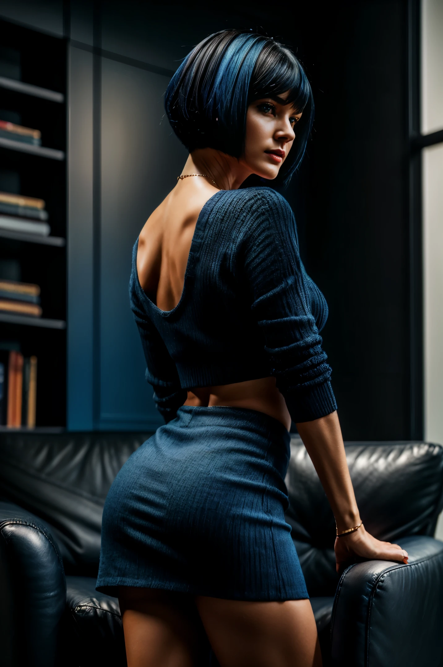 high detail RAW color photo of a stunning 30 year old woman, (high detailed skin), low angle, from back, [(modelshoot style:1.4), (dynamic pose:1.5)], ([Full Body]), (showing legs), [(vivid blue eyes:1.3)], [(short black and blue hair:1.3), (box bob style haircut:1.3)], [( lipstick:1.1), perfect ), ass vise (in a empty white room, (day time), (golden hour lighting), ((bookshelf n the background)), (8k, best quality, masterpiece:1.2), (realistic, photo-realistic:1.37), professional lighting, photon mapping, physically-based rendering, realistic, masterpiece, best quality, ultra high res, (photorealistic:1.4), highres, detail, best quality, hyperdetailed, 4k,