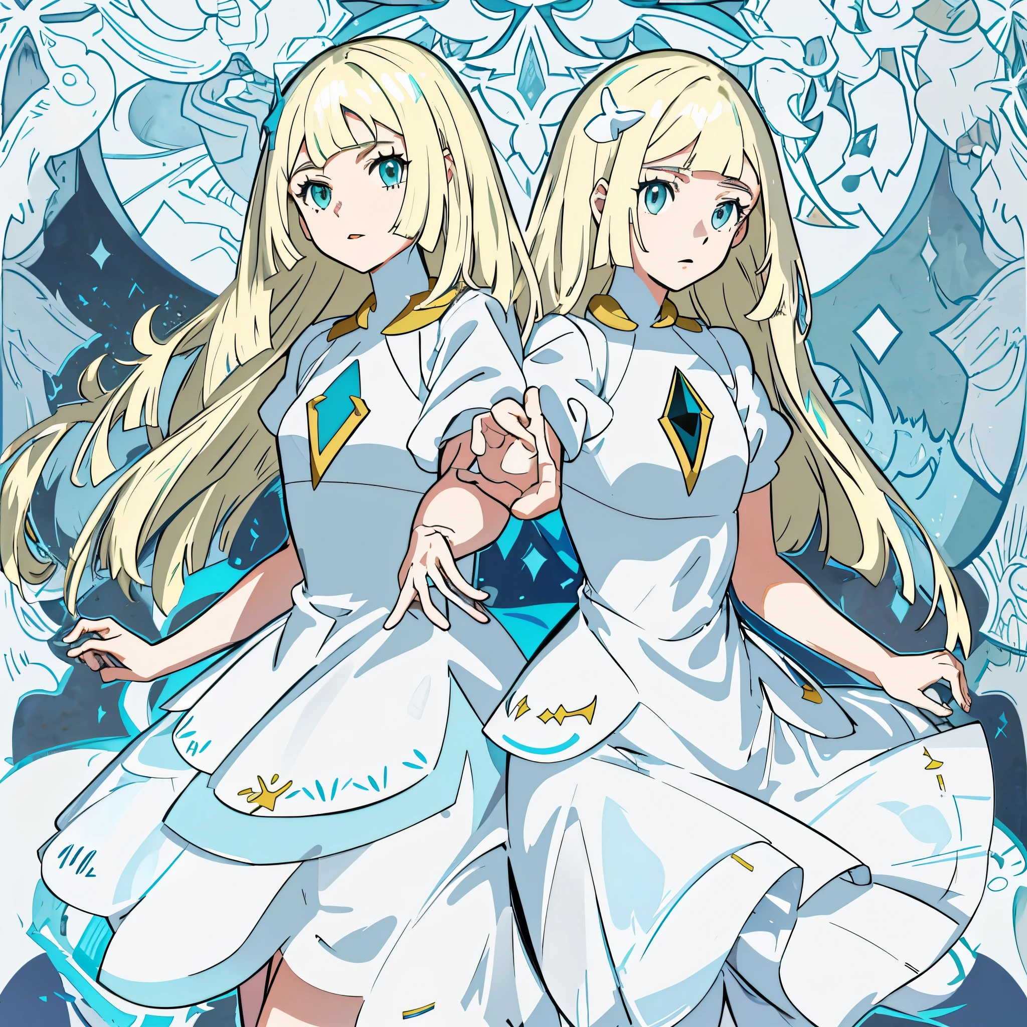 Two girls in long white dresselonde hair and blue eyes ,Lillie and Lusamine
