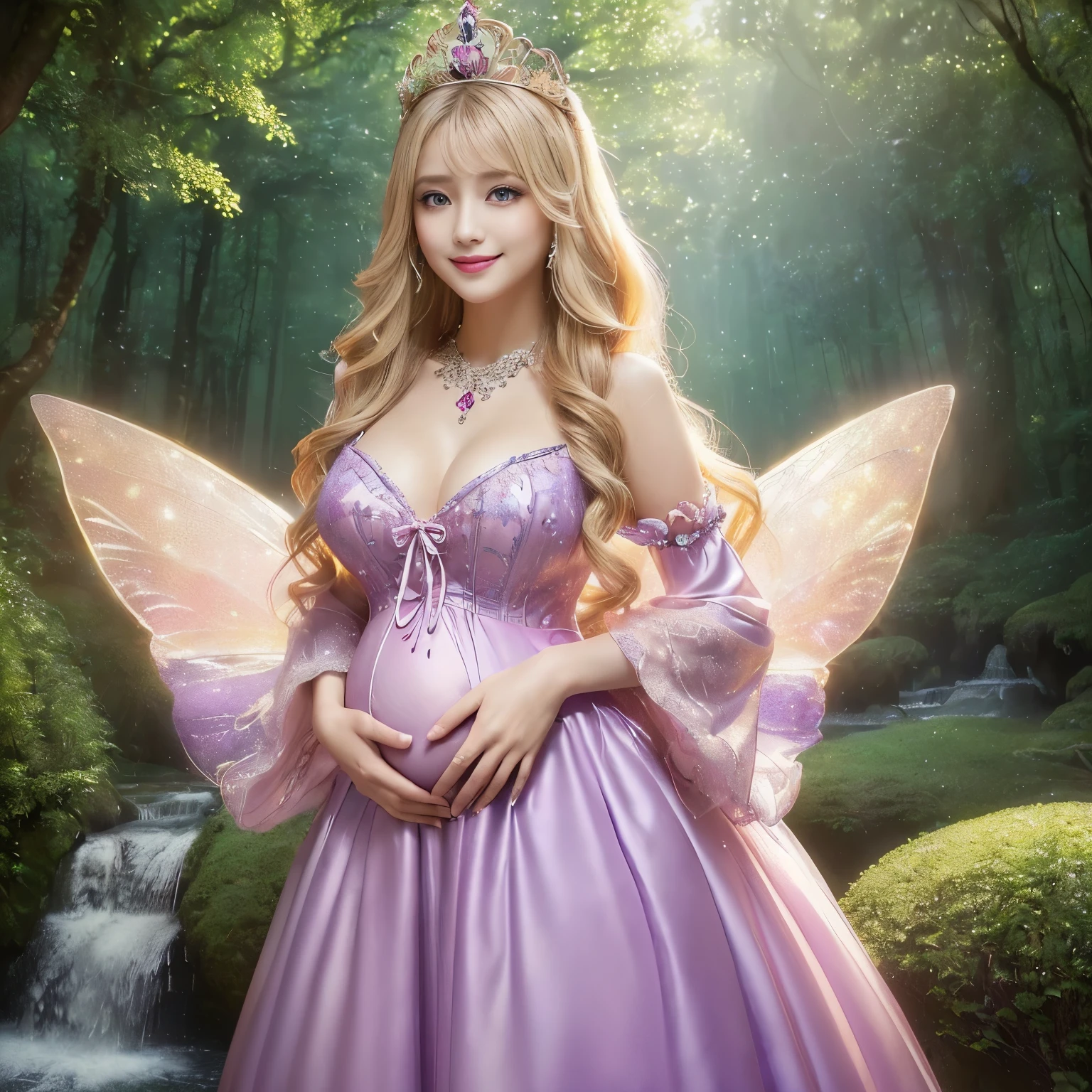 ((masutepiece、top-quality、8K、Highly Detailed and Complex Detail、The most complex and detailed textures、Super High Detail、bright and gentle lighting、the mildest texture、Smoothest texture))、(beautiful waterfall in the background:1.3)、(とても繊細で複雑に輝くSmall wings:1.2)、(Upper body photo of a standing princess:1.1)、(Fairy wings with very intricate patterns:1.2)、(Small wings:1.2)、(The most extravagant and divine fairy tale princess dresses:1.2)、((The most beautiful fairy tale forest princess Fairy tale princess、a high chroma、Fantastic sparkling little fairy wings、Gives off a fairy-tale glow、The finest dress with elaborate decoration.、Shining transparent fairy tale wingantastic, Light of a fairy tale、The background is set in a complex and sacred forest、Mysterious tree、優しいLight of a fairy tale、The brilliance of a fairy tale、Fairytale atmosphere、Fantastical、The most intricate and sacred dresses、the most beautiful fairy princess in the world、Faithfully reproducing the sacred atmosphere, Perfect down to the last detail、The most complex and detailed forests、The most sacred and luxurious princess dress、 calm and full of light、Extravagant tiaras and necklaces、A forest full of sacred light、Fantastical、Overgrown trees々、A pink and purple forest surrounded by sacred light、very calm and bright、Half Japan and half Russian、Blue eyes、a blond、あなたがView meときの最高の笑顔、Beautiful wavy hair、The most luxurious and intricate dresses、look at me and smile the best、Slimed、large full breasts))、(Japan'the most gorgeous whore goddess:1.1)、((The most gorgeous prostitution goddess huge costume、The most vivid and luxurious costume Iglon costume、Glittering purple and pink outfit、purple and pink gems、Luxurious costumes decorated with plenty of jewels、Very complex decoration))、(View me、Bewitching smile、Perfect makeup、long eyelashes、lipsticks、Pink eyeshadows、perfect anatomia、Biggest smile)、(Pregnancy:1.2)