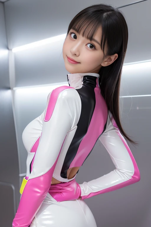 (Place your index finger on your chin, bend the index finger, Shiny rubber suit, gazing at viewer, Leaning forward, 1 girl, Looking at Viewer, from the front side, facing straight at viewer, white clothes, pink line in the clothes, White Gloves, futuristic spacesuit, Inside the spaceship restraint bed room), Smile, Upper body, body suit, Mini Pencil Skirt, High neck clothing, Hide the neck, drooping eyes, Head tilt, masutepiece, Best Quality, an extremely cute girl, 17 years old, black hair