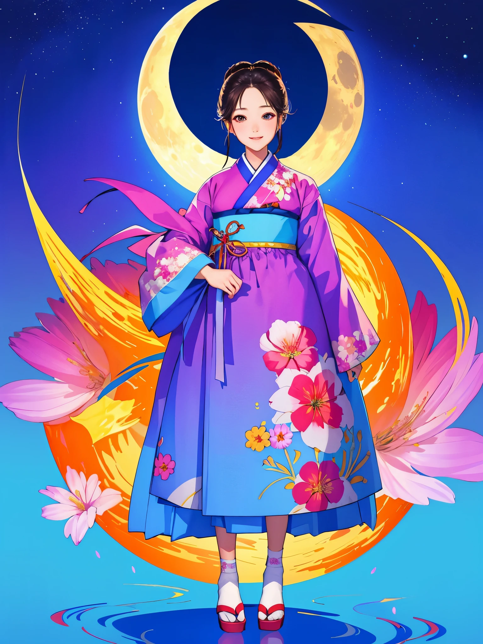 Best quality at best, tall_settle, distinct_Image of a, detailedbackground ,girl, Hanbok,florals,florals园,themoon, the night,