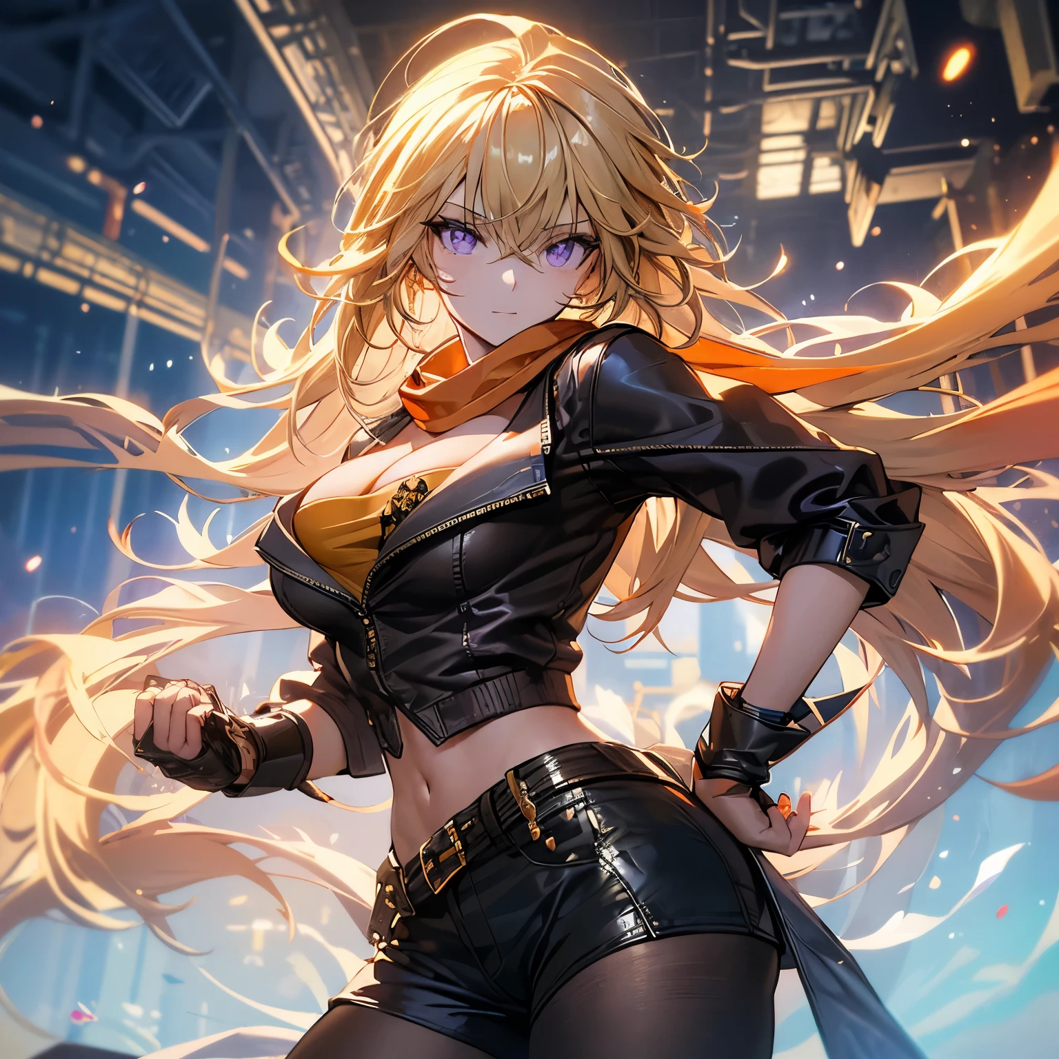 (​masterpiece、top-quality:1.2), cowboy  shot, 独奏, 1girl in, Yang Xiaolong, Put your hands on your hips, Ahoge, a purple eye, Brown jacket, Yellow tube top, Black shorts, Black fingerless gloves, orange scarf, waist cape, Midriff, cleavage of the breast,