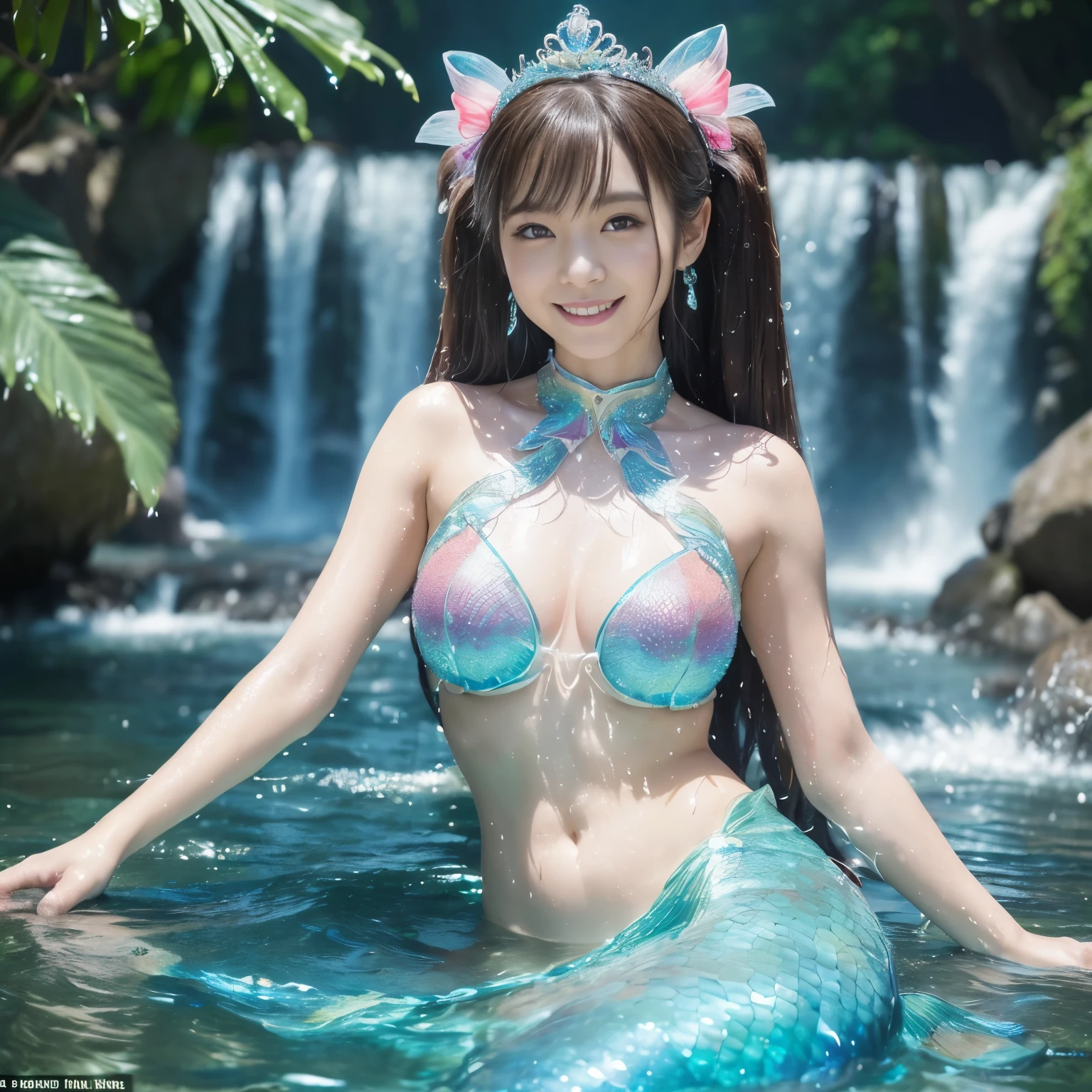 ((top-quality、masutepiece、8K、Top image quality、Hyper-Realism))、(とても若い10歳のLittle Mermaid:1.2)、(Tight brown hair twintails:1.2)、((Little Mermaid,huge waterfall,Bathing in the waterhole,sodden,soddenになった髪,The biggest smile staring at the camera)),(huge waterfall:1.2)、(複雑に輝く虹色にGlowing scales:1.2)、((Shining splashes,Splashes as fine as mist,Beautiful clear water,Into the cloud、rays of sunshine,Crisp and detailed background,)),((with an intricate, Finely shining rainbow-colored scales,Full Body Jewelry Decoration,The Most Gorgeous Princess Costume,The most gorgeous decoration,彼女の体中のwith an intricate宝石,,fair glowing skin,Detailed her face,Glowing scales,Very finely drawn scales,Giant Tiara)),((Mermaid tail,beautiful tail、A big smile staring at the camera)