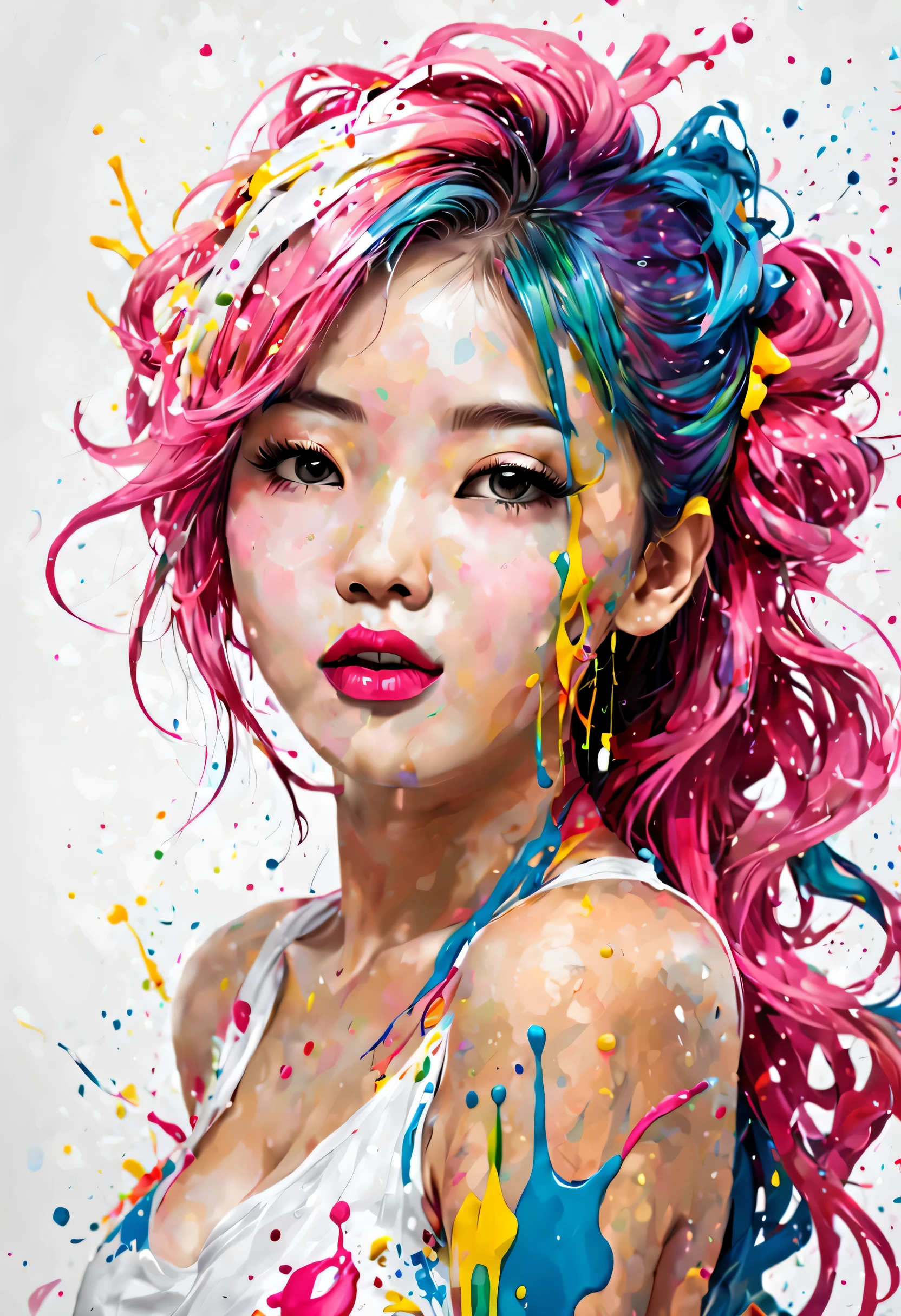 (Obra maestra, La mejor calidad, High resolution), fondo blanco, ((Salpicaduras de pintura, salpicaduras de color, Salpicadura de tinta, salpicaduras de color)), Dulce chica china, cabello arco iris, labios rosados, frente, Parte superior del cuerpo