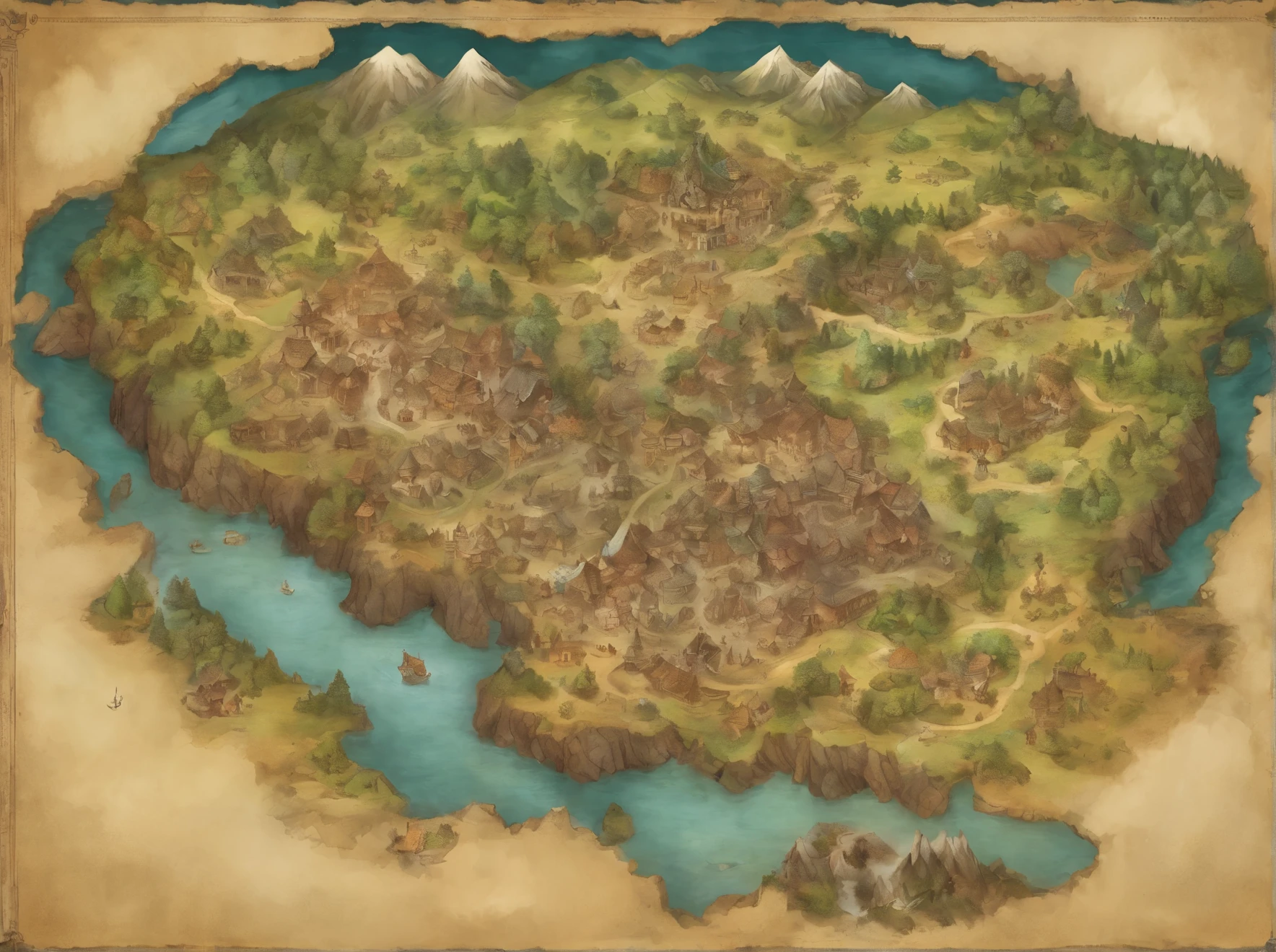 Aerial view taken from top to bottom directly from the drone, Mysterious map, (Black magic的巨大根源从西方发芽:1.2), (Black magic:1.2), firey, and thunder, dungeons and dragons, final fantasy, art for the game, (Corrente Interior Architecture and Design, Has realistic proportions and textures, Complicated details, handpainted, A vibrant, 电影灯光, main part, 8K:1.2),World map,In the middle of the map is the Holy City,The surrounding area is dotted with villages and a lake or two,In the upper right corner is the snow-capped mountains,In the lower right corner is the desert
