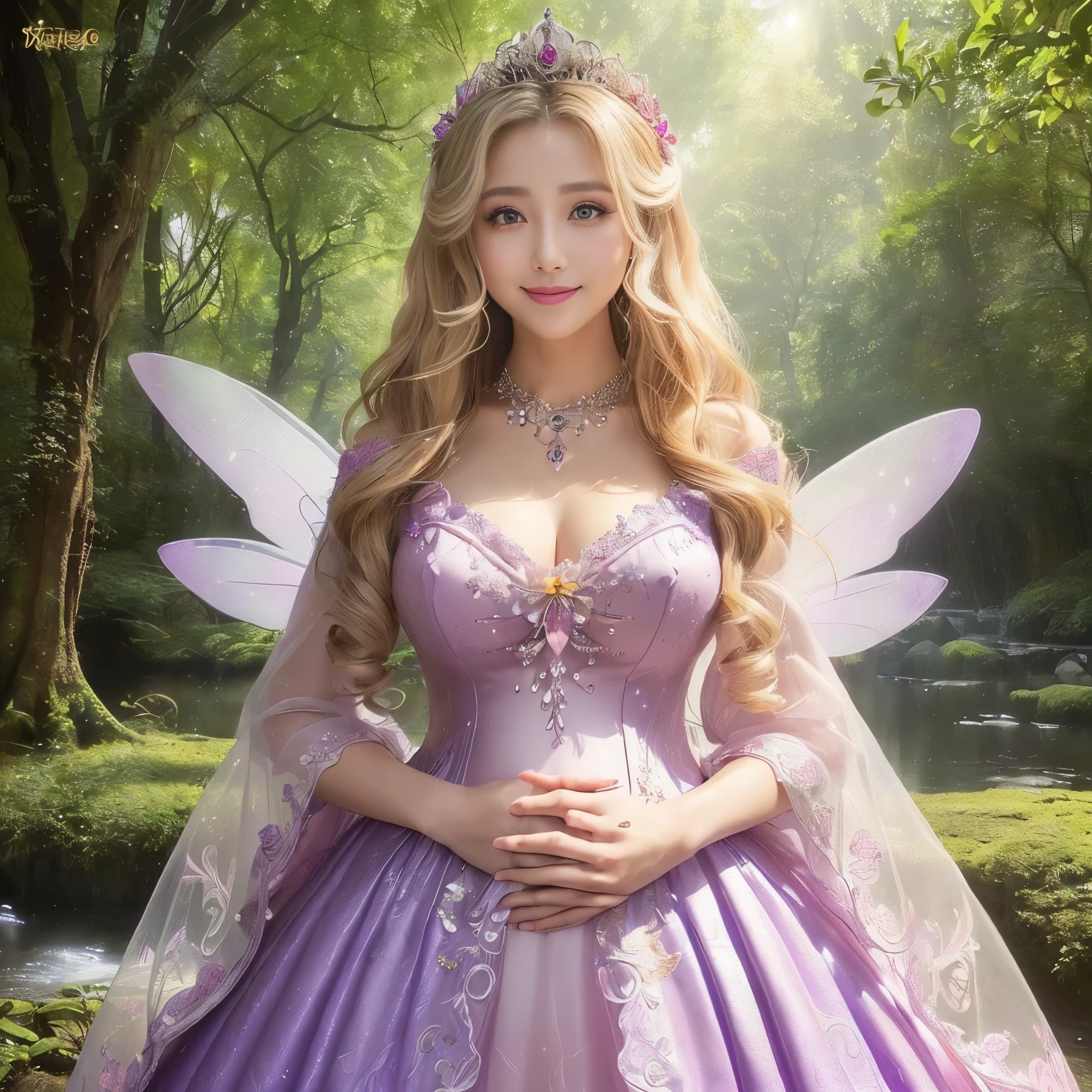 ((masutepiece、top-quality、8K、Highly Detailed and Complex Detail、The most complex and detailed textures、Super High Detail、bright and gentle lighting、the mildest texture、Smoothest texture))、(beautiful waterfall in the background:1.3)、(とても繊細で複雑に輝くSmall wings:1.2)、(Upper body photo of a standing princess:1.1)、(Fairy wings with very intricate patterns:1.2)、(Small wings:1.2)、(The most extravagant and divine fairy tale princess dresses:1.2)、((The most beautiful fairy tale forest princess Fairy tale princess、a high chroma、Fantastic sparkling little fairy wings、Gives off a fairy-tale glow、The finest dress with elaborate decoration.、Shining transparent fairy tale wingantastic, Light of a fairy tale、The background is set in a complex and sacred forest、Mysterious tree、優しいLight of a fairy tale、The brilliance of a fairy tale、Fairytale atmosphere、Fantastical、The most intricate and sacred dresses、the most beautiful fairy princess in the world、Faithfully reproducing the sacred atmosphere, Perfect down to the last detail、The most complex and detailed forests、The most sacred and luxurious princess dress、 calm and full of light、Extravagant tiaras and necklaces、A forest full of sacred light、Fantastical、Overgrown trees々、A pink and purple forest surrounded by sacred light、very calm and bright、Half Japan and half Russian、Blue eyes、a blond、あなたがView meときの最高の笑顔、Beautiful wavy hair、The most luxurious and intricate dresses、look at me and smile the best、Slimed、large full breasts))、(Japan&#39;the most gorgeous whore goddess:1.1)、((The most gorgeous prostitution goddess huge costume、The most vivid and luxurious costume Iglon costume、Glittering purple and pink outfit、purple and pink gems、Luxurious costumes decorated with plenty of jewels、Very complex decoration))、(View me、Bewitching smile、Perfect makeup、long eyelashes、lipsticks、Pink eyeshadows、perfect anatomia、Biggest smile)、(Pregnancy:1.2)