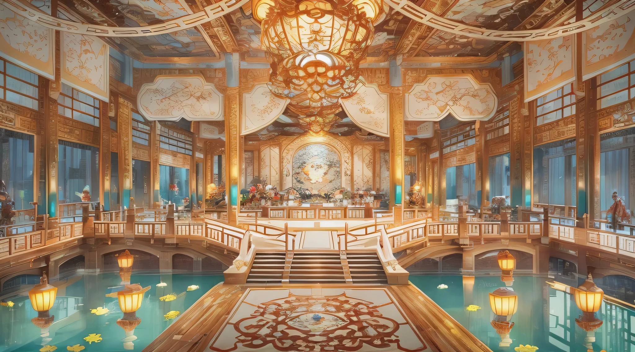It turns out there was a big room,Has swimming pool and fountain, Beautiful renderings of the Tang Dynasty, Cyberpunk ancient Chinese castle, Relaxing concept art, A swimming pool in a huge palace, ross tran. scenery background, Anime landscape concept art, beautiful concept art, Popular topics on artstation pixiv, Floating palace, throne room, Concept art stunning atmosphere, exquisitely designed throne room, genshin impact