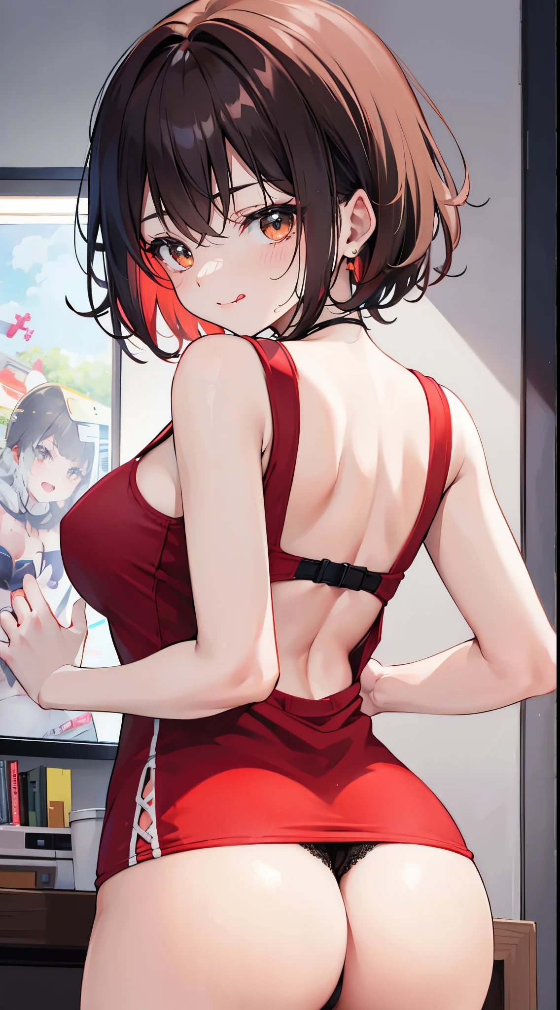 Under the legend,Chara,age girl,sexy for,red colour,short crop top,with short brown hair,The face is red,Underwear model,lust,Hand repair,the detail,X-rated, The clothes ar,k hd,no underwares,ssmile, television show,Upturned buttocks,out your tongue,Playful,Back Shadow,Buttocks close up,cleanness,Lace edges