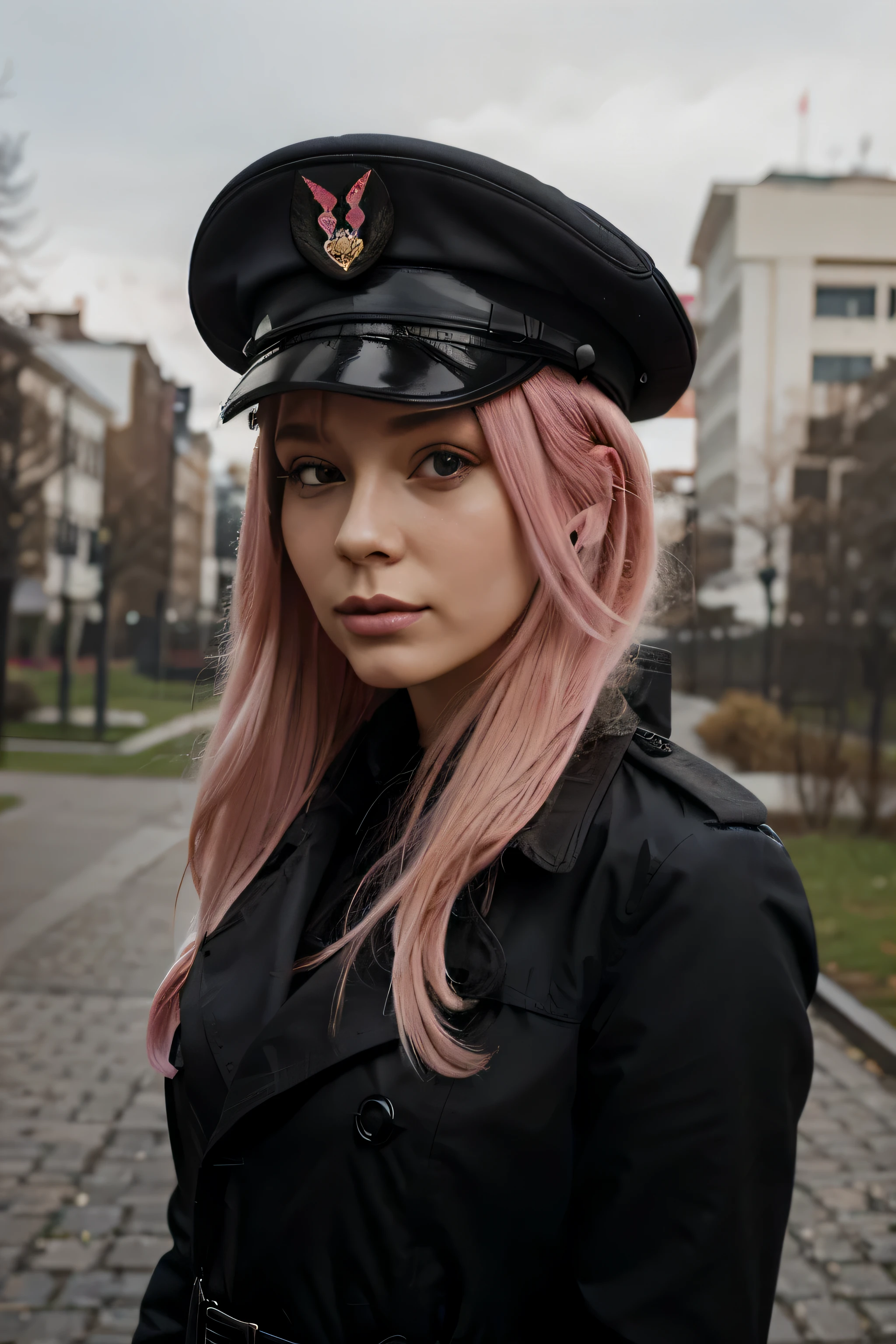 pink haired woman, russian, black trench coat, black military hat. (realistic)