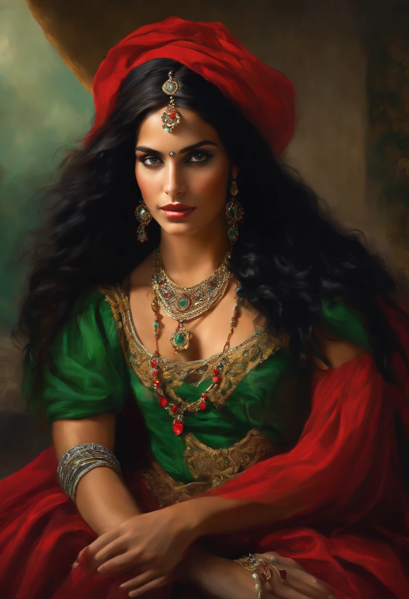 Baroque style painting of a young gypsy dancer with necklaces, earrings and bracelets, beautiful and strong young woman, red robes with full skirts in the style of the Victorian Era, green panther eyes, long straight, silky and black hair falling over her shoulders, ((dancing near a fire in a gypsy camp)).
