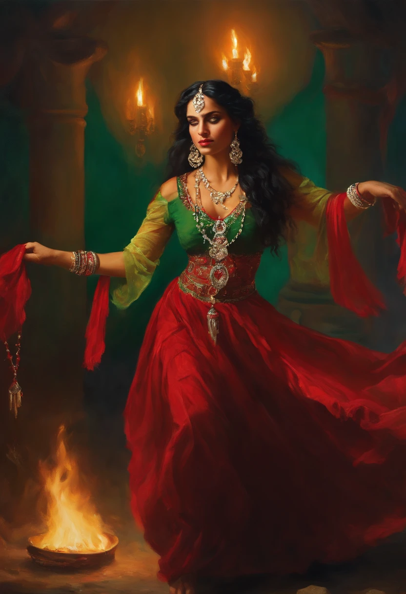 Baroque style painting of a young gypsy dancer with necklaces, earrings and bracelets, beautiful and strong young woman, red robes with full skirts in the style of the Victorian Era, green panther eyes, long straight, silky and black hair falling over her shoulders, ((dancing near a fire in a gypsy camp)).