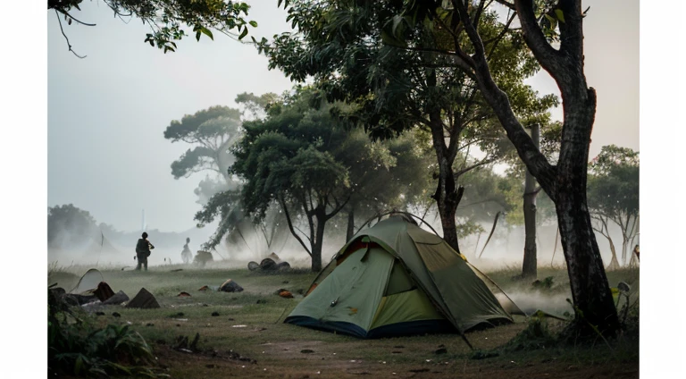Smoke of war，jungles，There is a small tent
