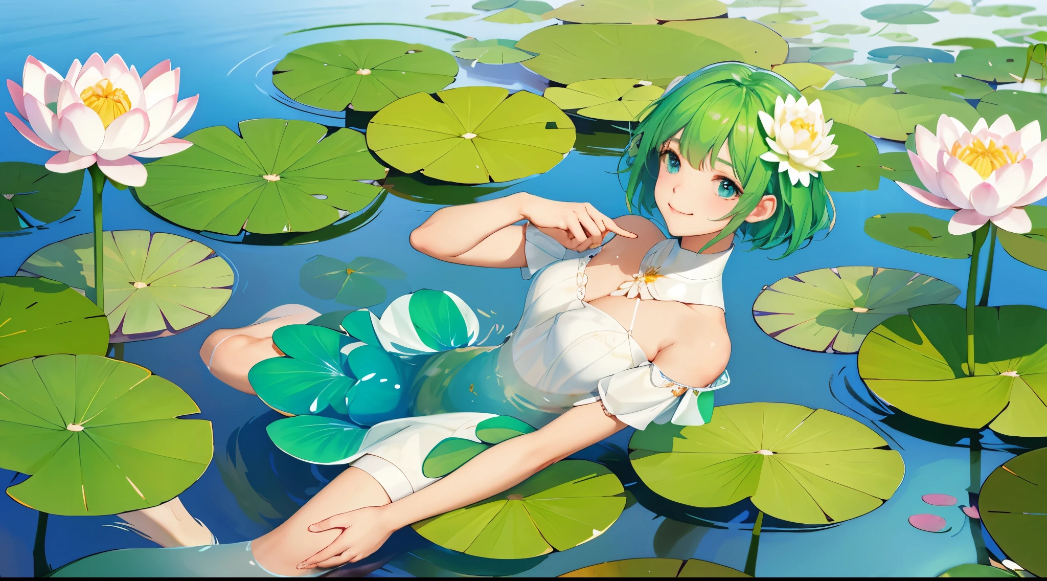 There is a girl sitting on a leaf, (white  clotheresh color scheme, There is a stuffed toy, Gouves style artwork, Very popular on cgstation, illustration：Li Song, soft anime, lying on lily pad, sitting on a lotus flower, Cute and detailed digital art, lovely art style, in a pond, Yang Jian, adorable digital art, Guwitz, sitting at a pond