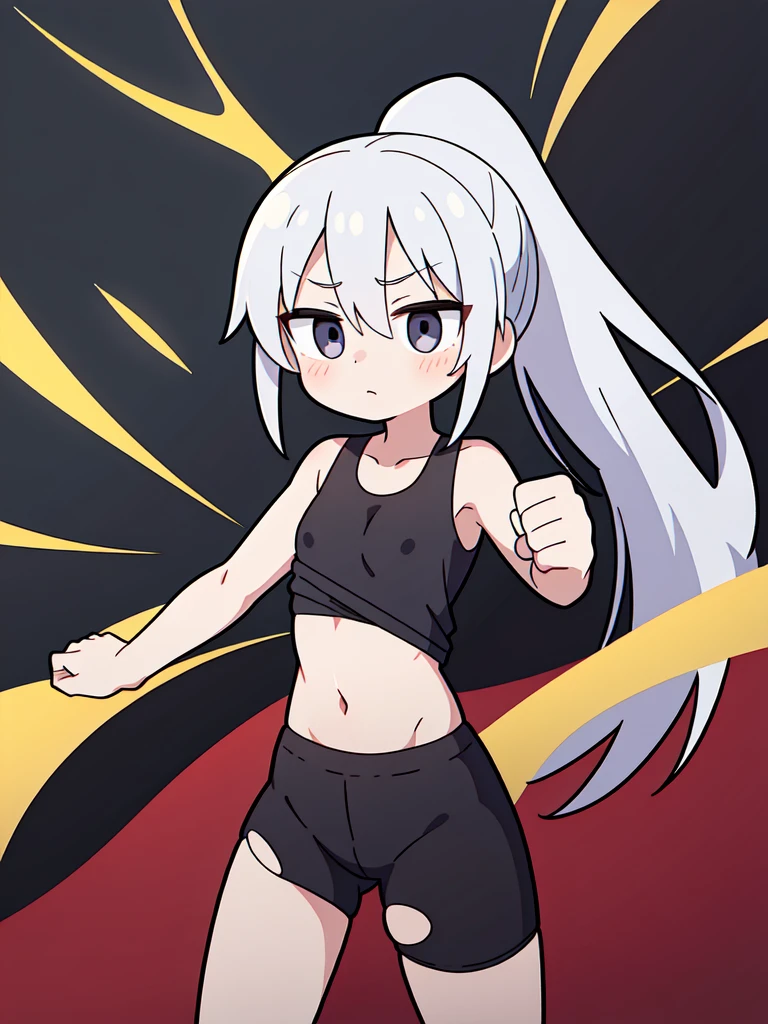 (plain eyes: 1.2), ((best quality)), anime, flat chest, childish body,  girl, apathetic, emotionless, darkened eyes, flat chest, long hair, silver hair, ponytail, black eyes, black shirt,  sport pants, training, standing alone, battle stance, heavily wounded, bleeding, torn clothes