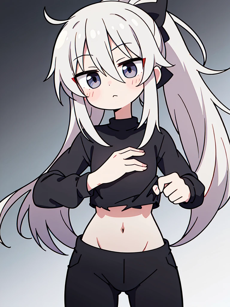 (plain eyes: 1.2), ((best quality)), anime, flat chest, childish body, girl, apathetic, emotionless, darkened eyes, flat chest, long hair, silver hair, ponytail, black eyes, black shirt, sport pants, training, standing alone, battle stance, heavily wounded, bleeding, torn clothes