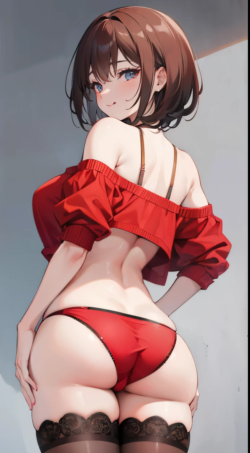 Under the legend,Chara,age girl,sexy for,red colour,short crop top,with short brown hair,The face is red,Underwear model,lust,Hand repair,the detail,X-rated, The clothes ar,k hd,no underwares,ssmile, television show,Upturned buttocks,out your tongue,Playful,Back Shadow,Buttocks close up,cleanness,Lace edgelackstockings