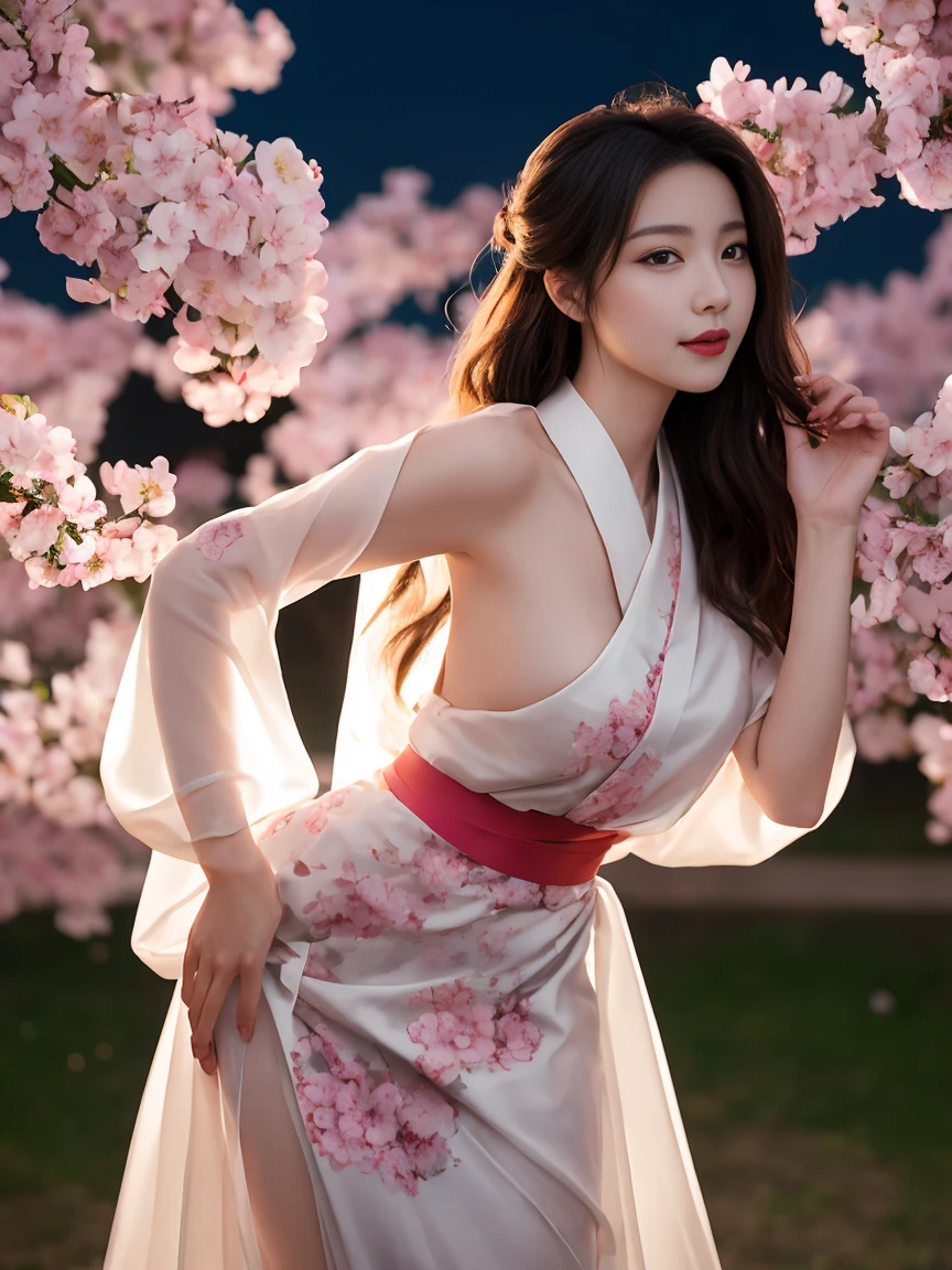 quality, tmasterpiece, A high resolution,The eyes are beautiful, (realistically: 1.4), 1 plump girl (( Anne Hathaway:selena gomez:0.6))
(((Best quality at best))), tmasterpiece,Complicated details, depth of fields,Best quality at best,The content is very detailed,A high resolution,4K,超A high resolution,detailed shadow,hyper realisitc,actual,dramatic lights,1 plump girl,Alone,Detailed faces,詳細な目,Realistic skin,Imagine the scene under the charming lights of the night cherry blossoms , hori里有令人惊叹的美丽, Reminiscent of a modern girl, Strike a provocative yet elegant pose. Her outfit is a blend of tradition and modernity, Wearing a kimono style dress,clinging to her silhouette, Subtly showing off her curves, elegance and charm at the same time. The fabric is very delicate, almost translucent silk, Casts a captivating effect of light and shadow on her skin, Enhance texture.
Her hair is loose, modern updo, Place a few cherry blossoms strategically, Adding a touch of innocence to her original demeanor. Makeup is bold yet tasteful, Highlight her stunning eyes and plump lips, Bend into mystery, A knowing smile.
Pink and white cherry blossoms with blurred background, A few petals fell gently beside her. The lighting is soft and atmospheric, evoke a sense of intimacy and mystery, hori'just like her'Share a taboo story. Camera angle dynamics, Capture her from a low angle, Emphasizing her majestic presence in the night sky.
Her pose blends confidence and vulnerability, Place your hands gently on her hips, Another person also extended his hand,As if inviting the audience into her mysterious world. The overall composition should convey a balance with the art, Breaking the boundaries of sexy,but did not enter a clear situation.