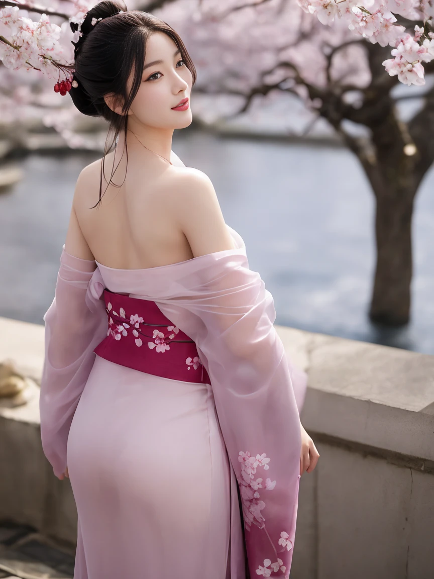 beautiful mature geisha, nude, back view, slight smile, provocative pose, sakura garden