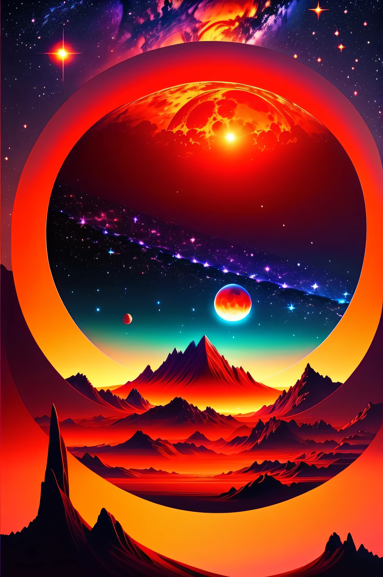 red moon rising over distant planet,warm glow on landscape,crimson sky,majestic planet or moon,dark and mysterious,mountain range,rocky terrain,craters,atmospheric effects,ethereal and dreamy,unique light source,shadows and highlights,dramatic contrast,otherworldly beauty,peaceful and serene,stars shining brightly,cosmic scenery,sci-fi atmosphere,unearthly colors,mesmerizing view,extraterrestrial wonders,mysterious glyphs or symbols,cosmic energy,distant galaxies,outer space exploration,enchanted universe,timeless and surreal,celestial bodies,otherworldly treasures,shimmering reflections,awe-inspiring spectacle,transcendent experience,luminous landmarks,cosmic alignment,divine radiance,intergalactic journey,limitless horizons [HDR],unveiling secrets of the universe,UHD,masterpiece,best quality