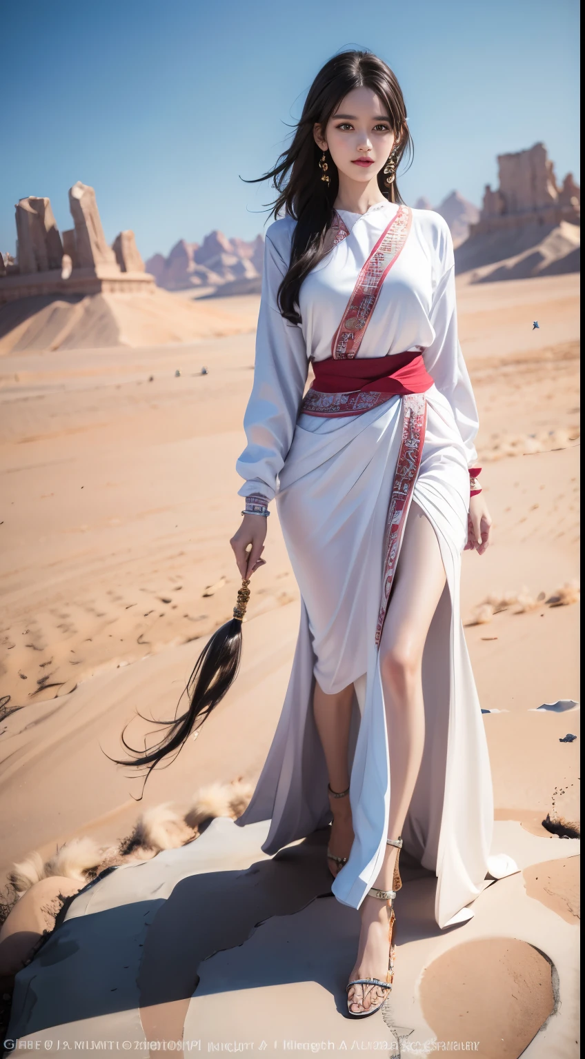 Filipino women in traditional clothes holding snare drums in the desert, A young woman in shamanic clothing, A girl holds a sphere, cinematic ligh《Silk Road》The view, Beautiful youth, Portrait shooting, Ancient princess Lieb, The vanishing line of the desert is below the woman's waist, The sky is clear and transparent.