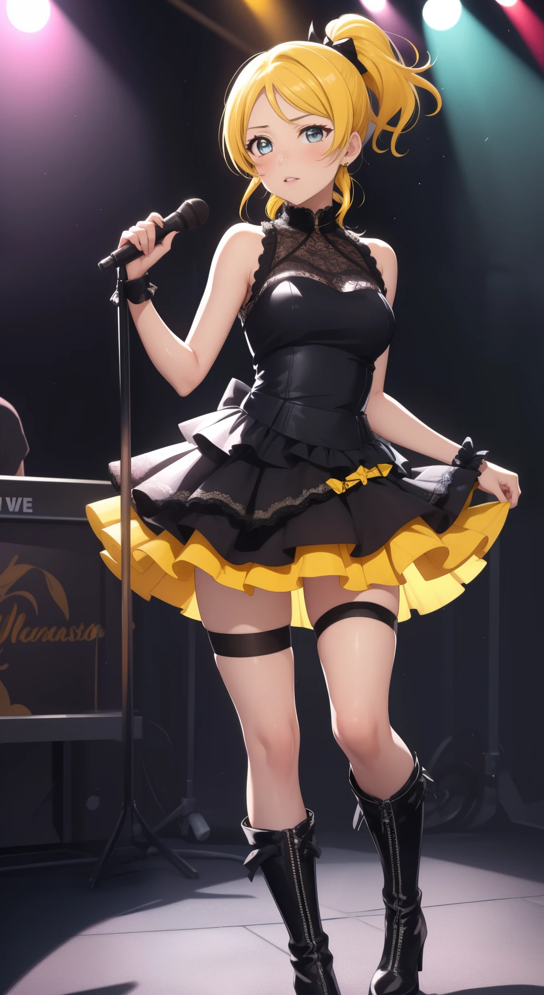 masterpiece, best quality, highly detailed, ultra high res, eliayase, eli ayase, yellow hair, blue eyes, ponytail, hair ribbon, 1girl, solo, glossy lips, sleeveless idol dress, very puffy skirt, flared skirt, lace panties, thigh highs, heeled boots, full body
