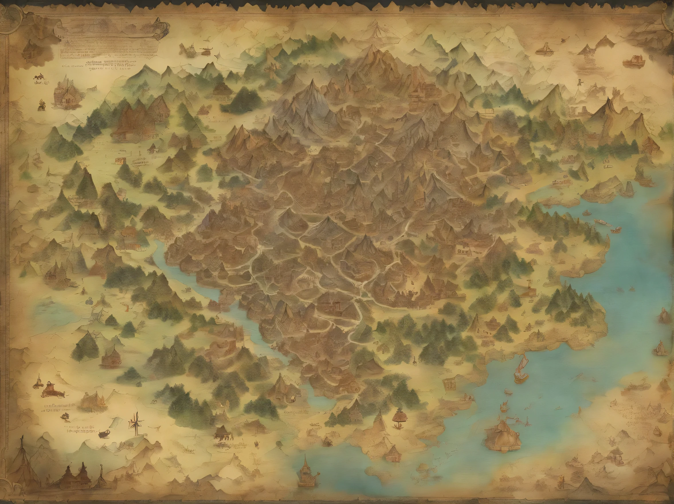 Aerial view taken from top to bottom directly from the drone, Mysterious map, (Black magic的巨大根源从西方发芽:1.2), (Black magic:1.2), Fiery, and thunder, dungeons and dragons, final fantasy, art for the game, (Corrente Interior Architecture and Design, Has realistic proportions and textures, Complicated details, handpainted, A vibrant one, 电影灯光, The main part, 8K:1.2),World map,In the middle of the map is the Holy City,The surrounding area is dotted with villages and a lake or two,In the upper right corner is the snow-capped mountains,In the lower right corner is the desert